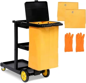 Commercial Traditional 3-Shelf Cleaning Cart Wheeled with Zippered Yellow Vinyl Bag for Stores Schools Business Black Casual Plastic Natural Finish Casters Open Storage