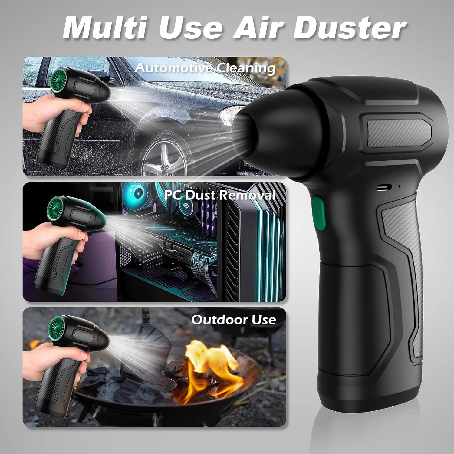 Compressed Air Duster - 200,000RPM Electric Air Duster, Canned Air Blower Alternative for PC, Keyboard, Building Toys, Campfire, Leaf, Home Cleaning (Green)