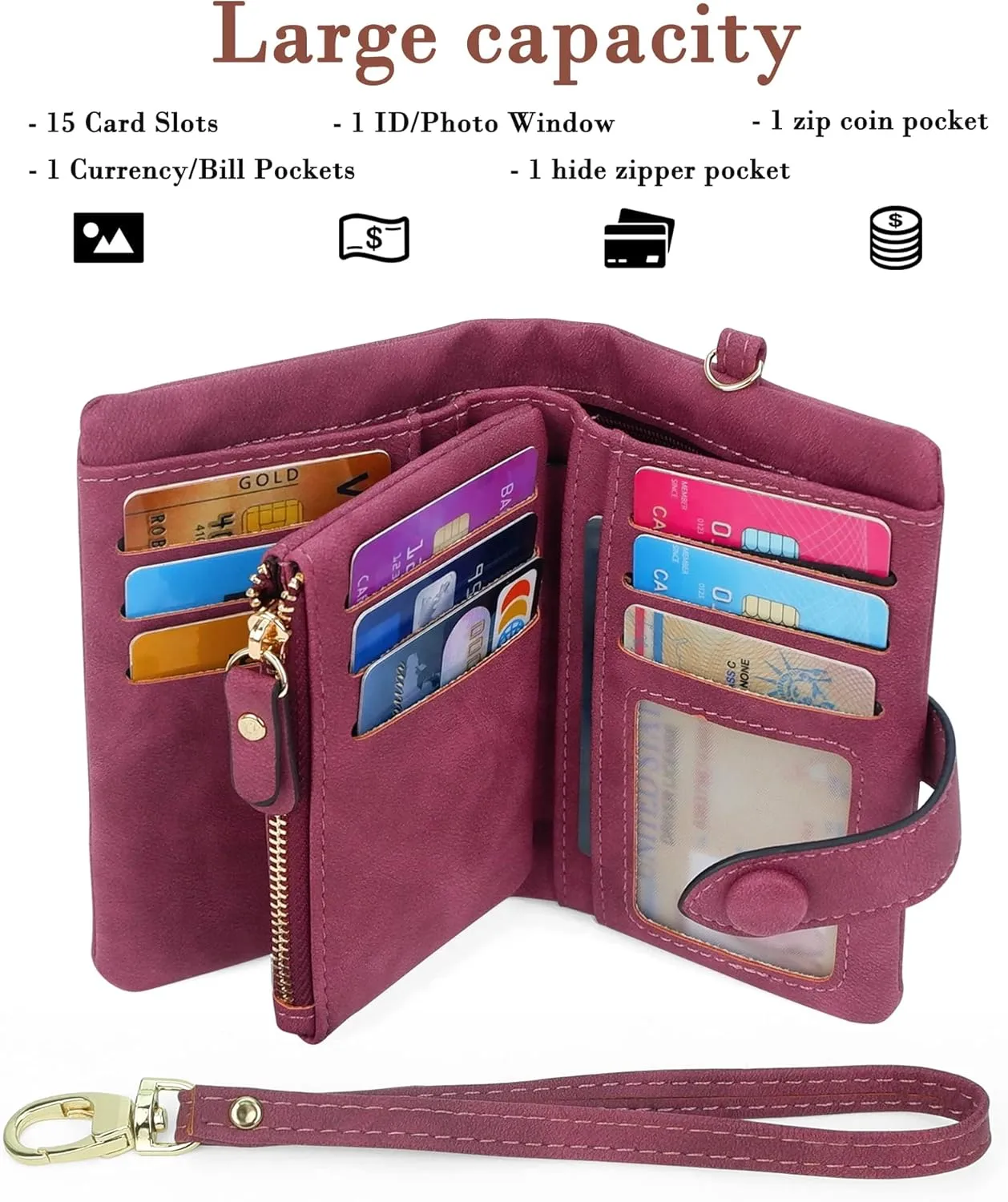 CONISY Small Wristlet Wallets for Women, Leather Bifold RFID Wallet with ID Window Zipper Coin Purse