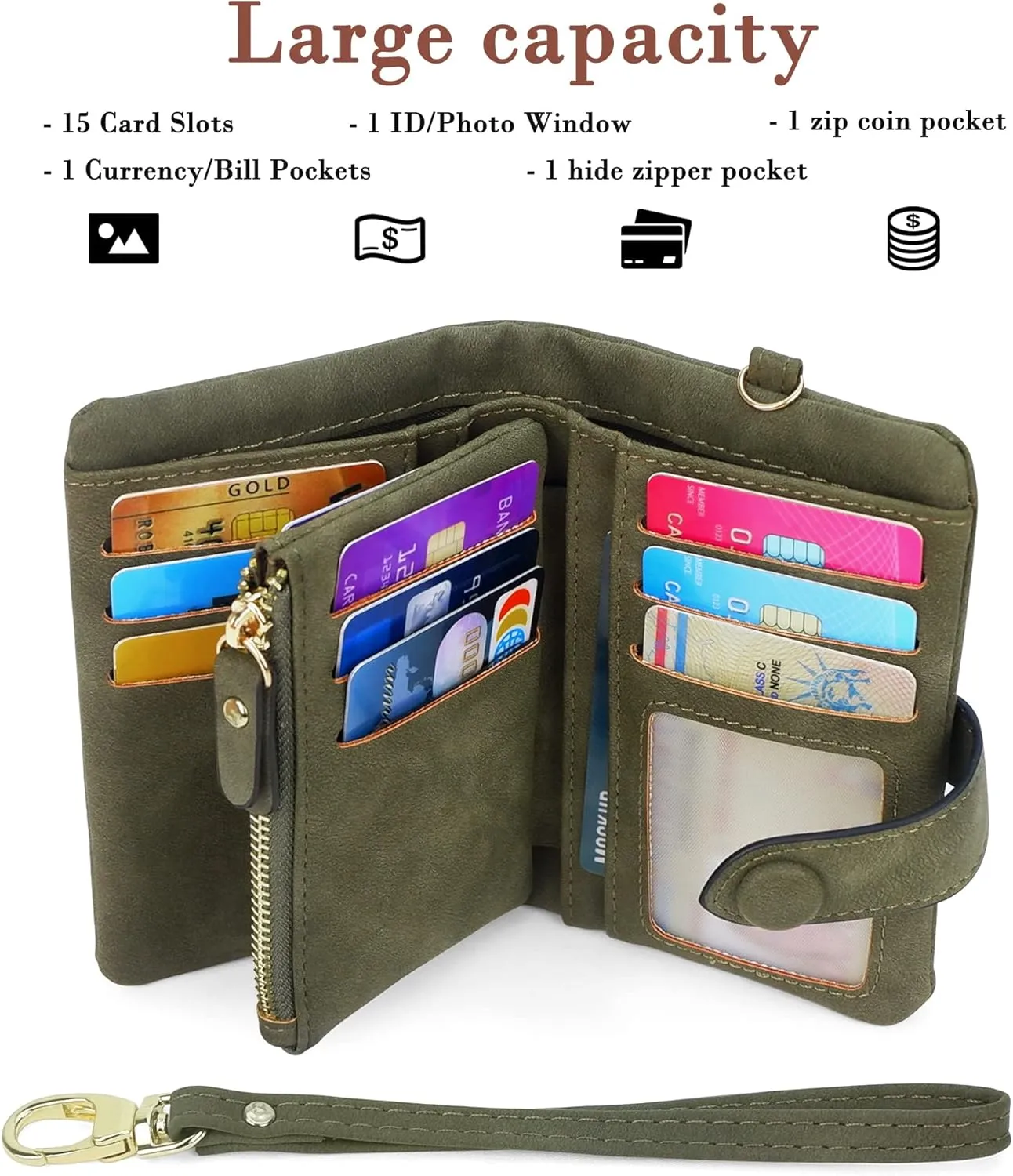 CONISY Small Wristlet Wallets for Women, Leather Bifold RFID Wallet with ID Window Zipper Coin Purse