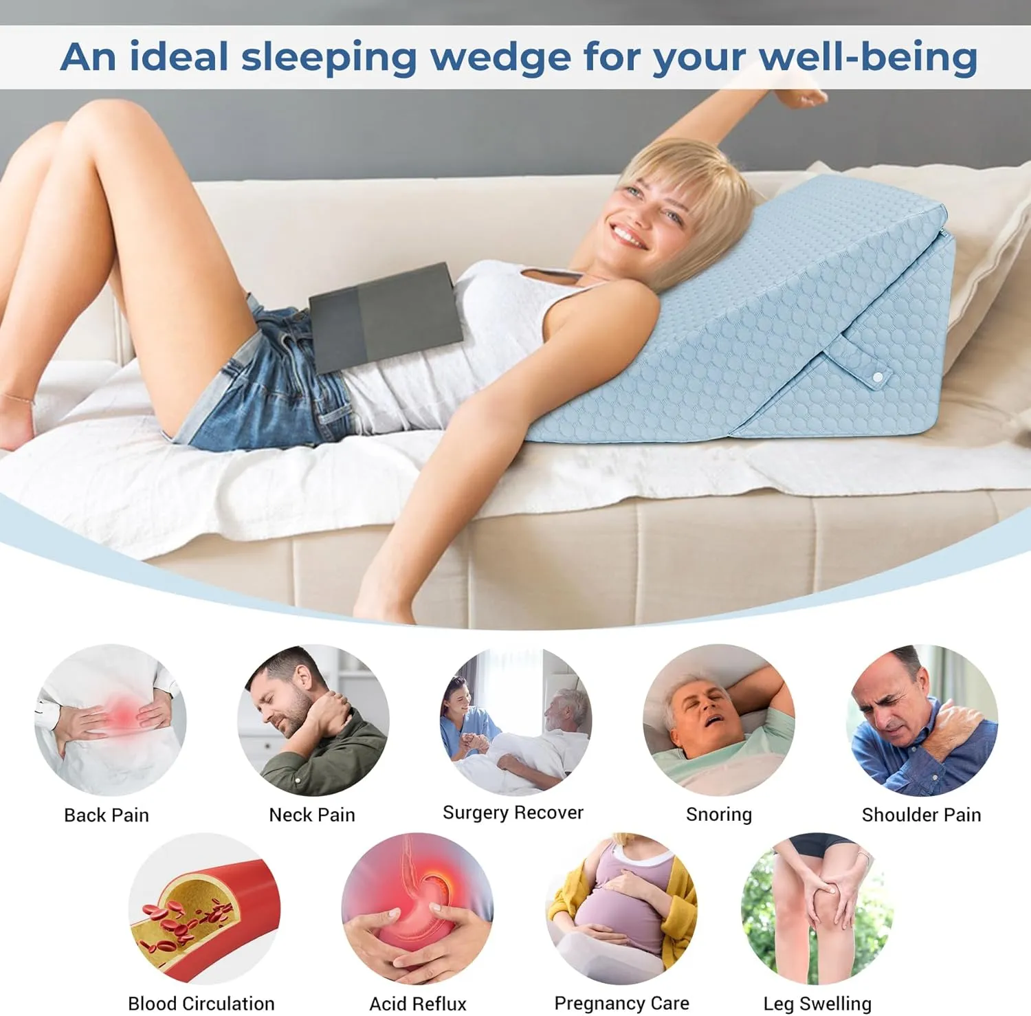 COOLBEBE Wedge Pillow for Snoring and After Surgery, Adjustable Folding Bed Wedge Pillow for Sleeping - 9 & 11 Inch, Elevated Triangle Wedge for Back Pain Relief, Acid Reflux(Blue)