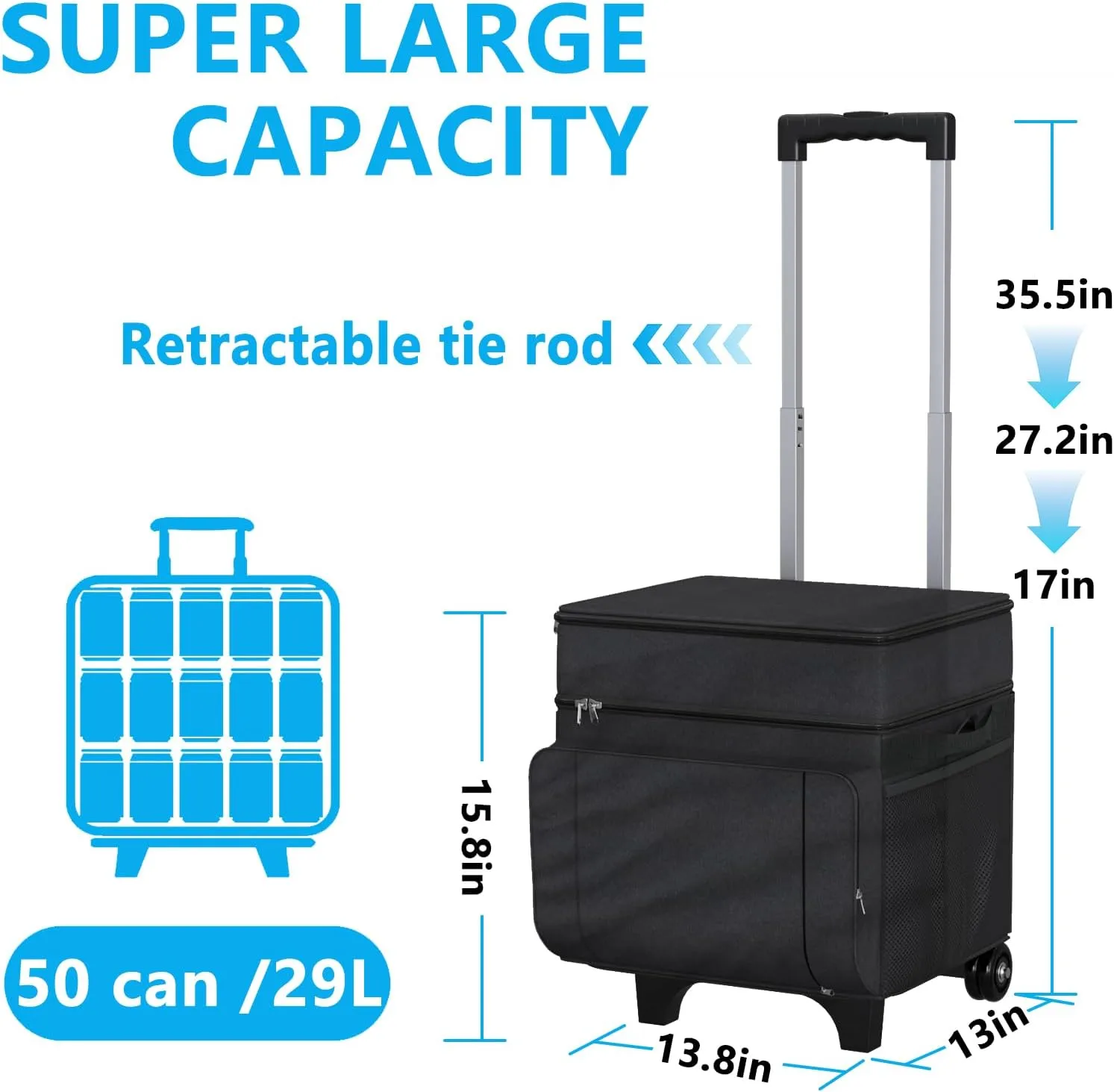 Cooler with Wheels and Handle, 50 Can Rolling Cooler, Portable Collapsible Soft Cooler Bag with Wheels,Leakproof Insulated Wheeled Cooler for Beach, Camping, Patio Travel, Outdoor, Ball Fields