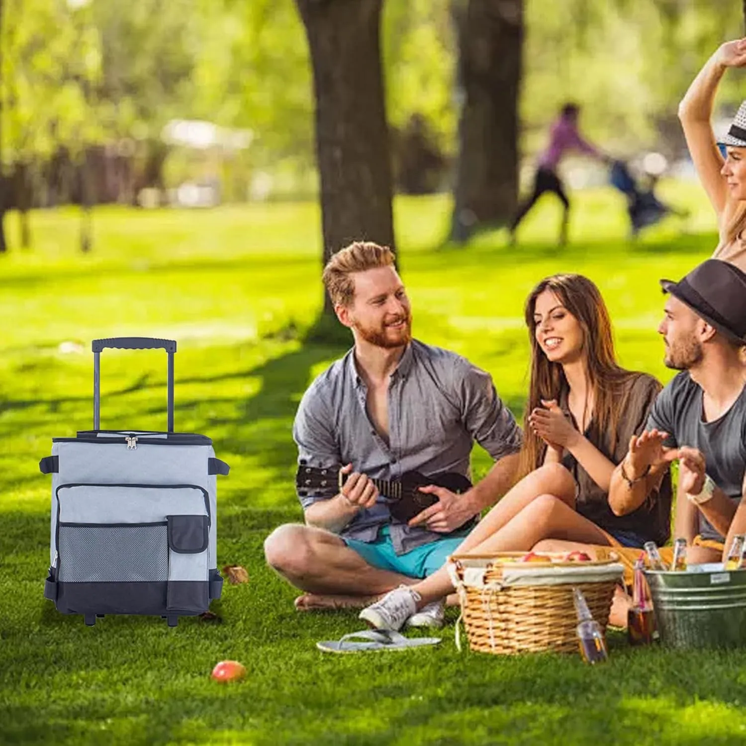 Cooler with Wheels, Rolling Cooler, 43L Cooler with Wheels and Pull Collapsible Rolling Cooler Multi-Pocket Insulated Cooler for Summer Beach Camping, Large Cooler