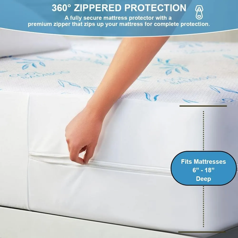 Cooling Bamboo Rayon Mattress Protector with Zipper - 100% Waterproof Size Mattress Cover - Soft & Breathable Jacquard Noiseless Mattress Pad Covers - Zippered Mattress Encasement (Queen)