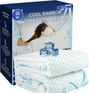 Cooling Bamboo Rayon Mattress Protector with Zipper - 100% Waterproof Size Mattress Cover - Soft & Breathable Jacquard Noiseless Mattress Pad Covers - Zippered Mattress Encasement (Queen)