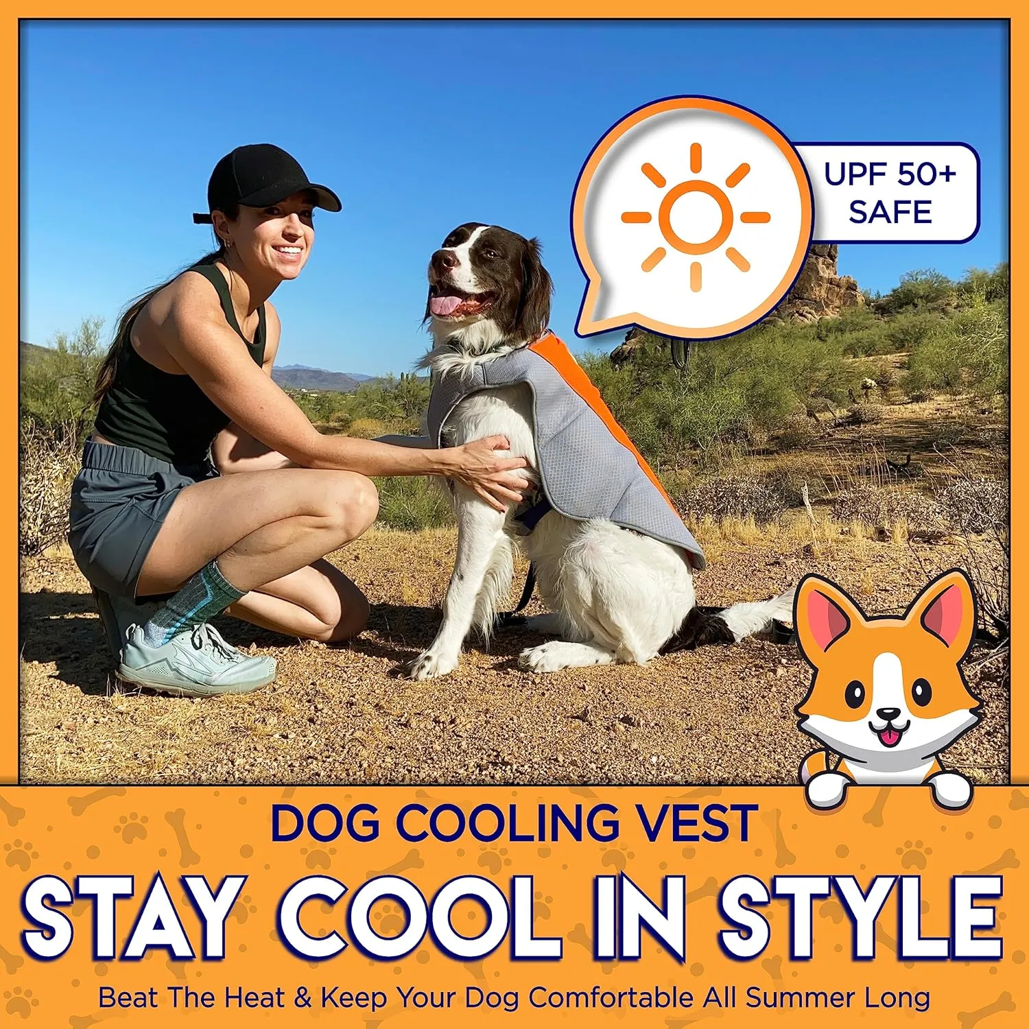 Cooling Vest for Small, Medium to XLarge Dogs - Evaporative Vest for Hot Summer Days - Adjustable Cooling Jacket with Reflective Strips (Orange/Grey, Large)