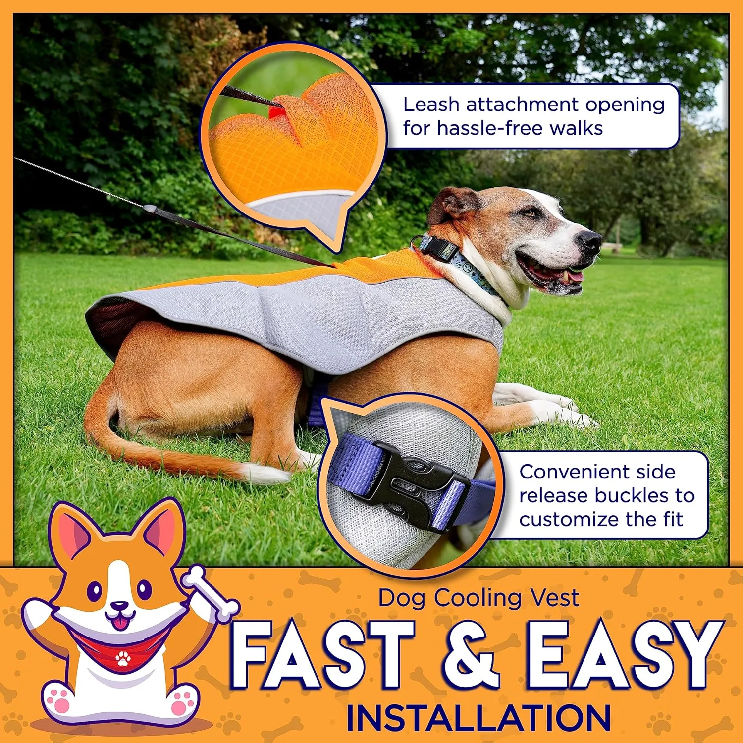 Cooling Vest for Small, Medium to XLarge Dogs - Evaporative Vest for Hot Summer Days - Adjustable Cooling Jacket with Reflective Strips (Orange/Grey, Large)