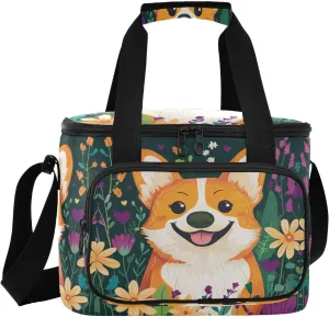 Corgi Flowers Green Insulated Cooler Bag for Women Men Leakproof 24 Can Camping Cooler Tote for Work Office Picnic