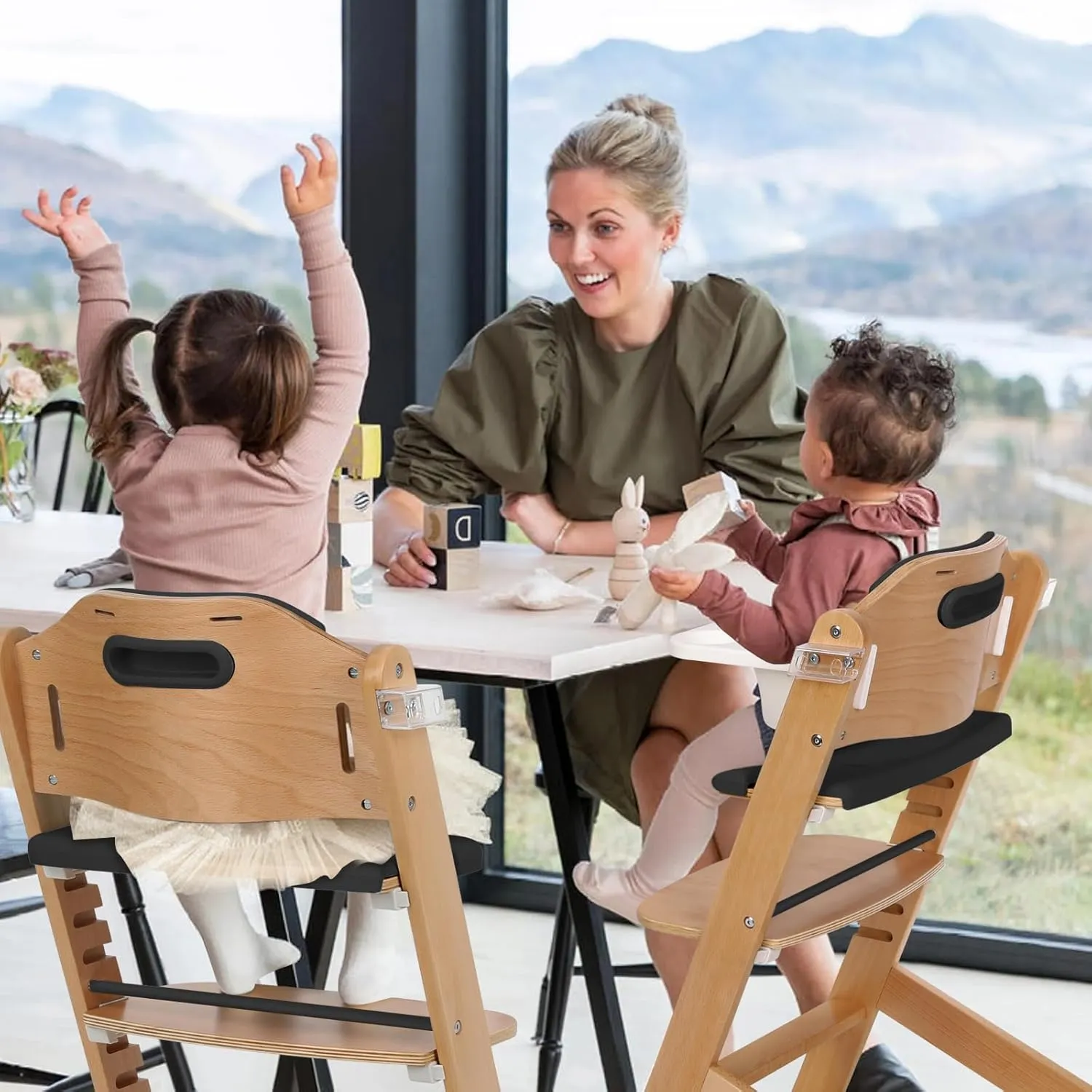 Cowiewie Natural Wooden High Chair for Babies & Toddlers 3-Tier Remove & 2 Adjustable Tray, 8 Adjustable Highchair with Cushions, Easy to Clean (Black)