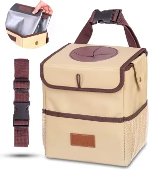 Creathing Car Trash Can with Lid, Detachable Lining | Console, Floor, Seat Hanging Garbage Bin and Storage Bag (2 Gal, Beige)