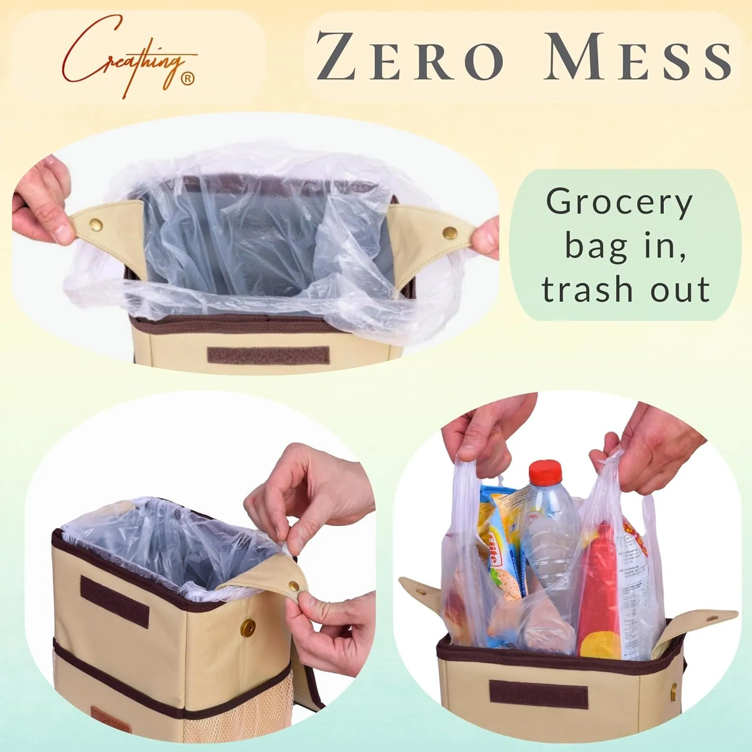 Creathing Car Trash Can with Lid, Detachable Lining | Console, Floor, Seat Hanging Garbage Bin and Storage Bag (2 Gal, Beige)