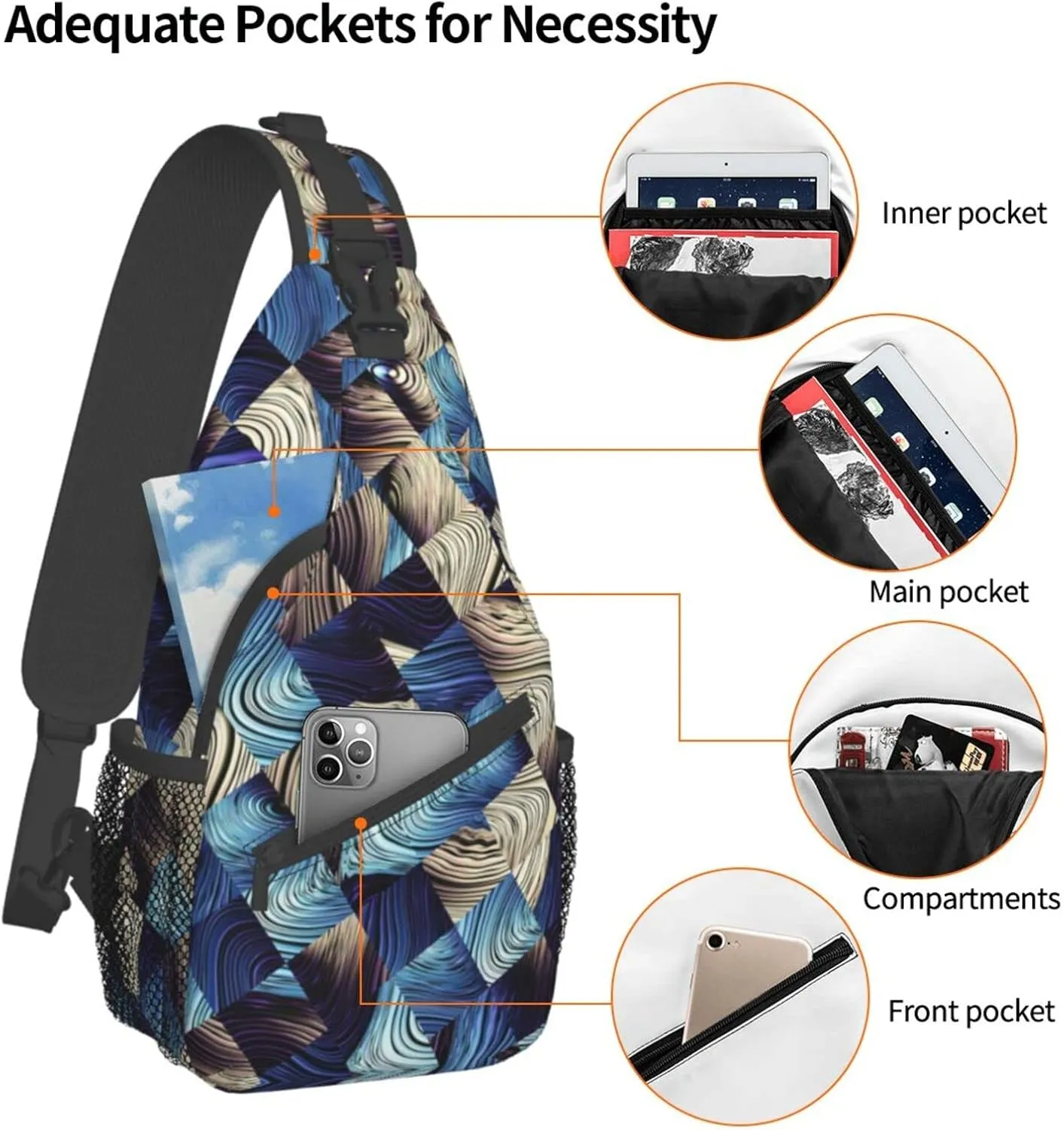 Crossbody Sling Backpack Sling Bag Chest Bag Shoulder Bag Travel Hiking Daypack For Men Women-Abstract Blue Squares