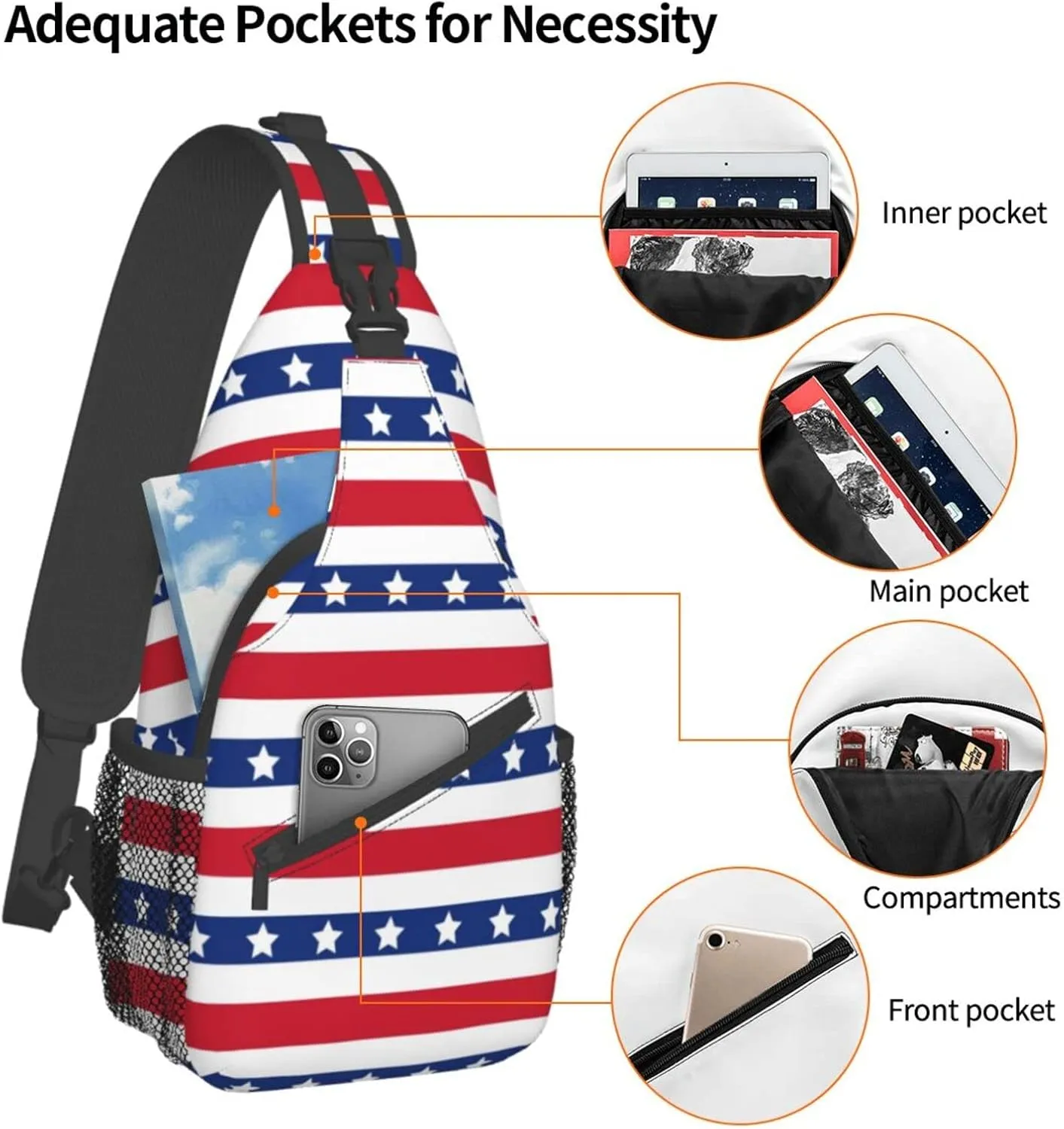 Crossbody Sling Backpack Sling Bag Chest Bag Shoulder Bag Travel Hiking Daypack For Men Women-American Patriotic Stars And Stripes