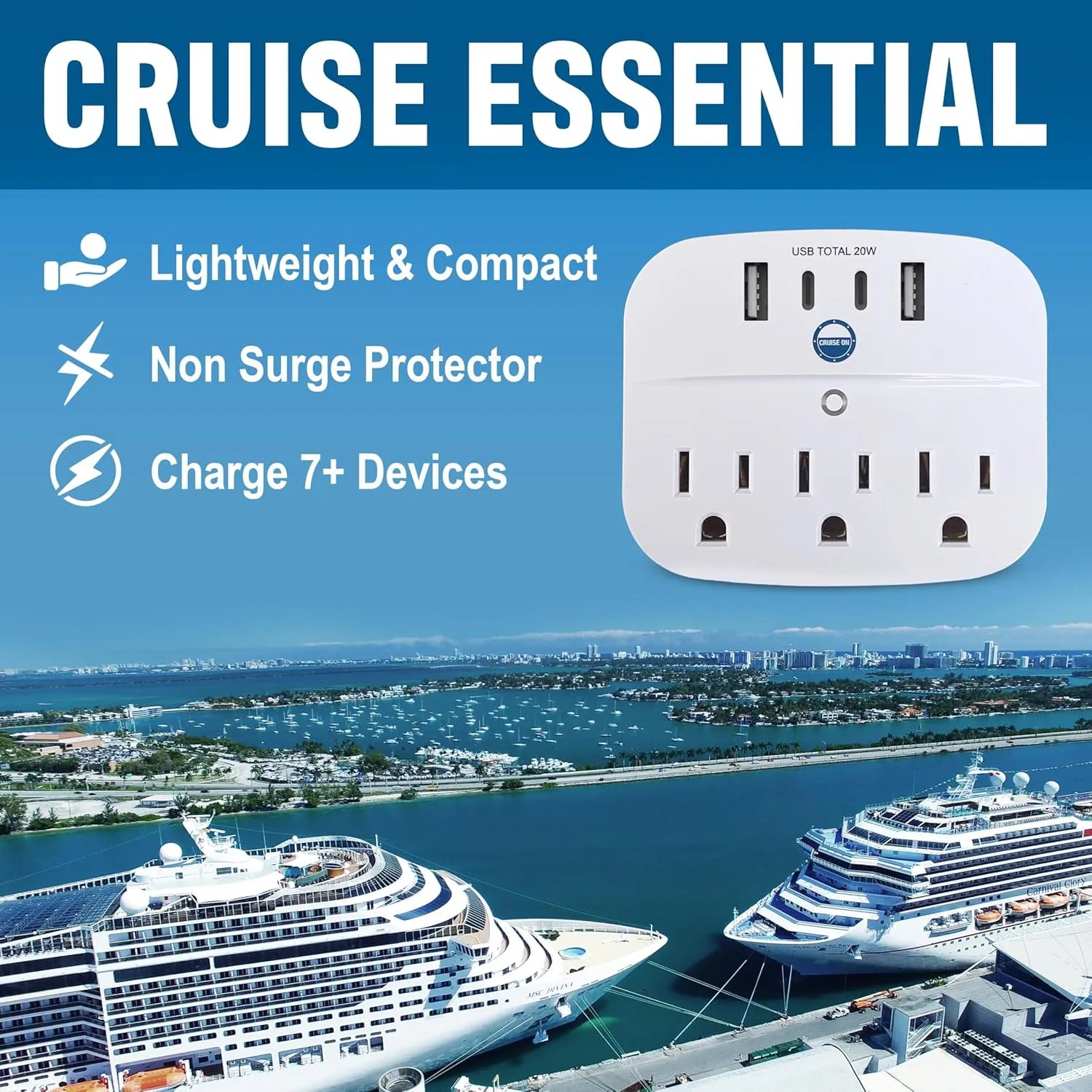 Cruise Approved Power Strip Foldable, Non Surge Protector Travel Power Strip, 2 USB-C, 2 USB, 3 AC Outlet Plugs - Cruise Essentials for Carnival, Celebrity, Princess & Major Lines in 2025 & 2026