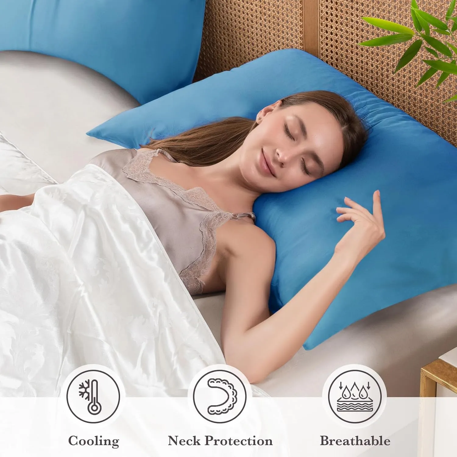 Curved Pillow Case Queen Size, Side Sleeper Pillow Cases Cover Cooling Rayon Derived from Bamboo with Zipper for hot Sleepers Hair and Skin, Breathable Silky Soft Pillowcase 1 Pack 20 * 30 Inches