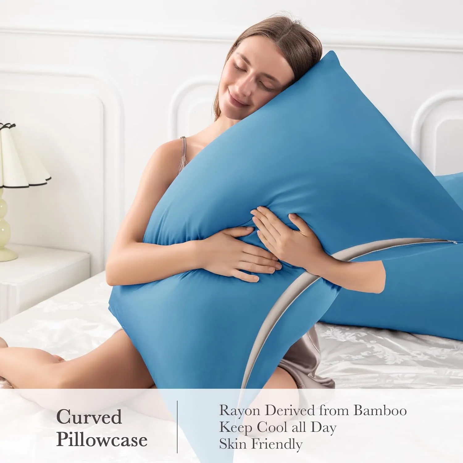 Curved Pillow Case Queen Size, Side Sleeper Pillow Cases Cover Cooling Rayon Derived from Bamboo with Zipper for hot Sleepers Hair and Skin, Breathable Silky Soft Pillowcase 1 Pack 20 * 30 Inches