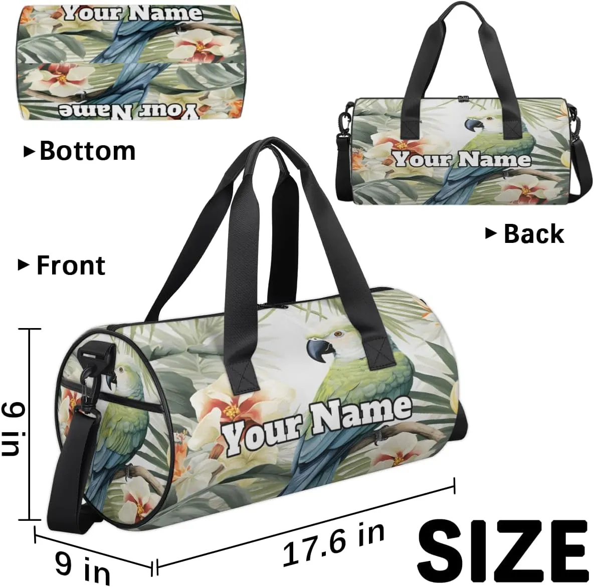 Custom Gym Bag for Women Men with Name, Personalized Flowers Bird Duffel Bag for Sports, Waterproof Dance Bag, Lightweight Carryon Gym Bag, Animal