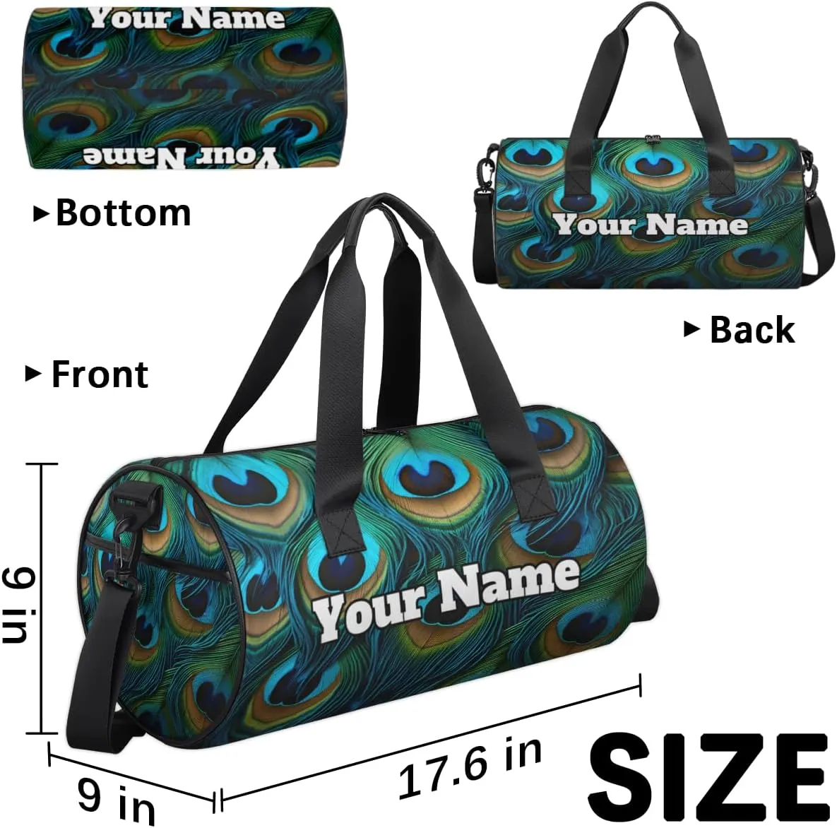 Custom Gym Bag for Women Men with Name, Personalized Peacock Feathers Duffel Bag for Sports, Waterproof Dance Bag, Lightweight Carryon Gym Bag, Beautiful Feathers