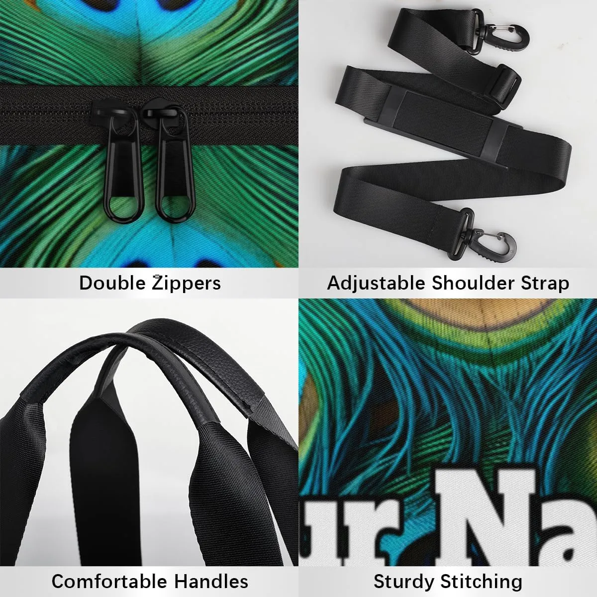 Custom Gym Bag for Women Men with Name, Personalized Peacock Feathers Duffel Bag for Sports, Waterproof Dance Bag, Lightweight Carryon Gym Bag, Beautiful Feathers