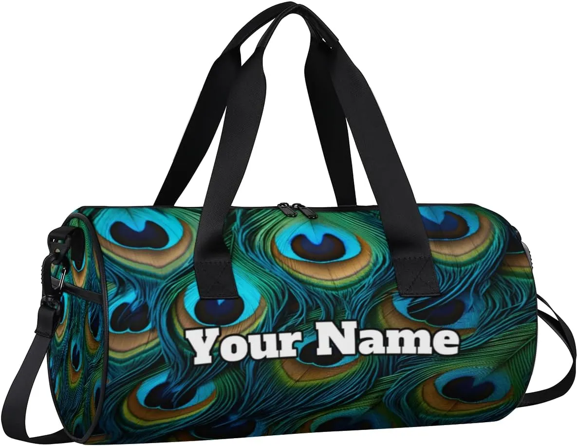 Custom Gym Bag for Women Men with Name, Personalized Peacock Feathers Duffel Bag for Sports, Waterproof Dance Bag, Lightweight Carryon Gym Bag, Beautiful Feathers