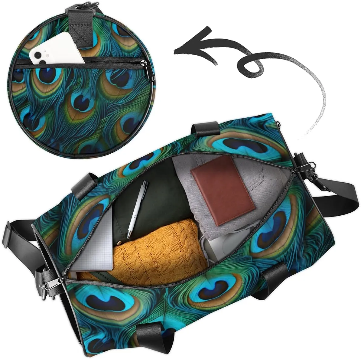 Custom Gym Bag for Women Men with Name, Personalized Peacock Feathers Duffel Bag for Sports, Waterproof Dance Bag, Lightweight Carryon Gym Bag, Beautiful Feathers