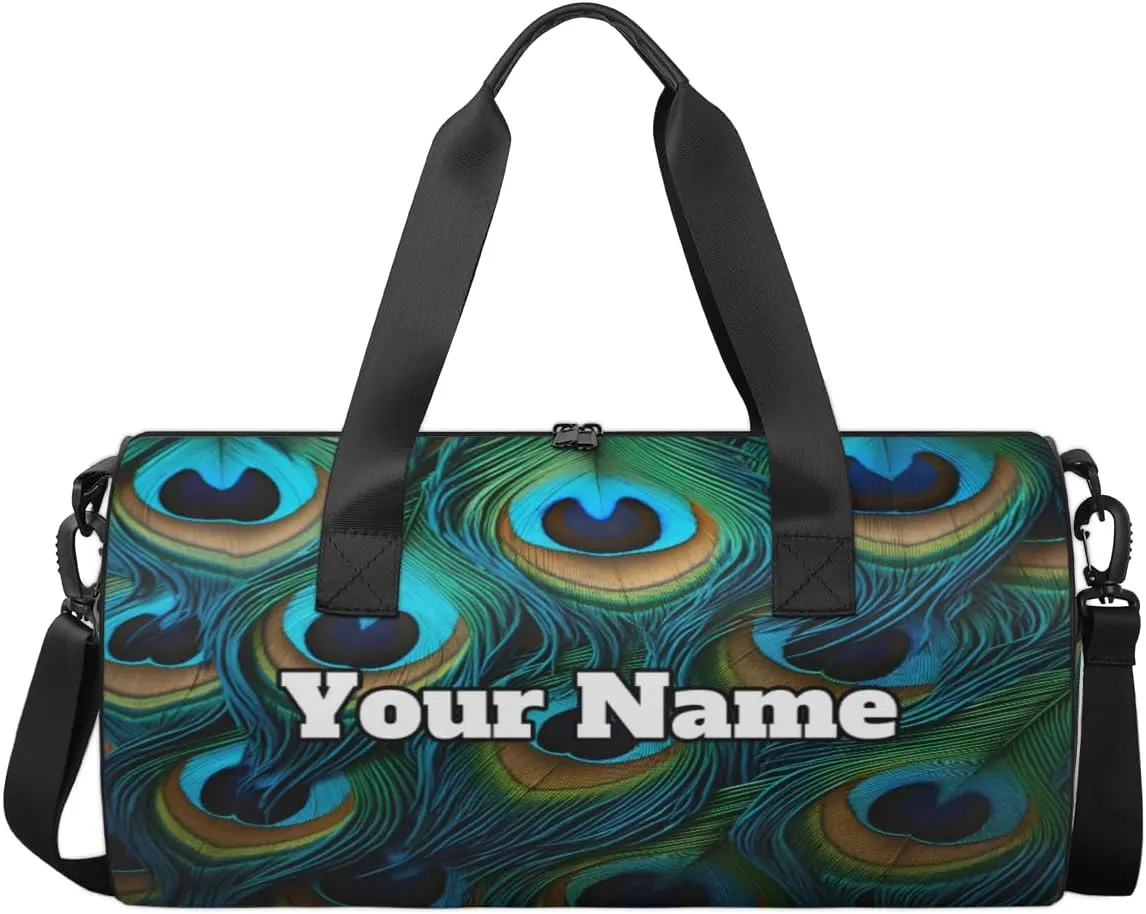 Custom Gym Bag for Women Men with Name, Personalized Peacock Feathers Duffel Bag for Sports, Waterproof Dance Bag, Lightweight Carryon Gym Bag, Beautiful Feathers