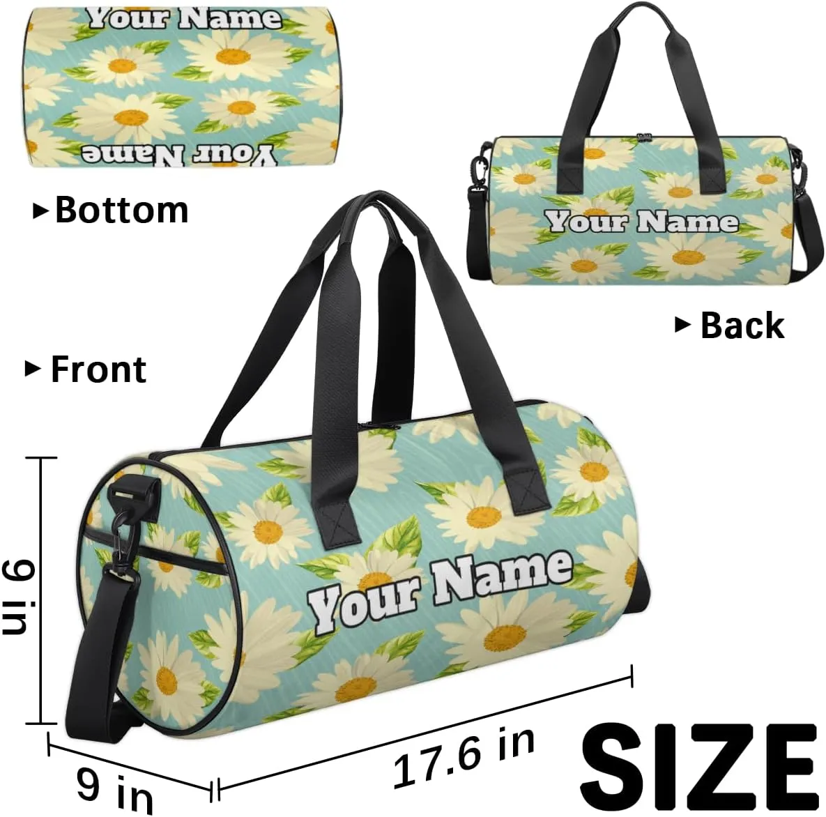 Custom Gym Bag for Women Men with Name, Personalized Summer Daisy Duffel Bag for Sports, Waterproof Dance Bag, Lightweight Carryon Gym Bag, Daisy Flower