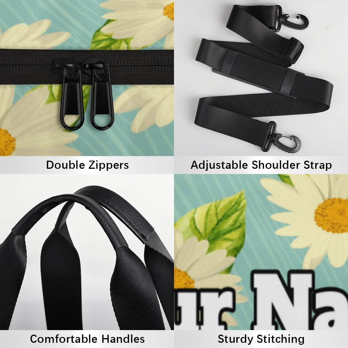Custom Gym Bag for Women Men with Name, Personalized Summer Daisy Duffel Bag for Sports, Waterproof Dance Bag, Lightweight Carryon Gym Bag, Daisy Flower