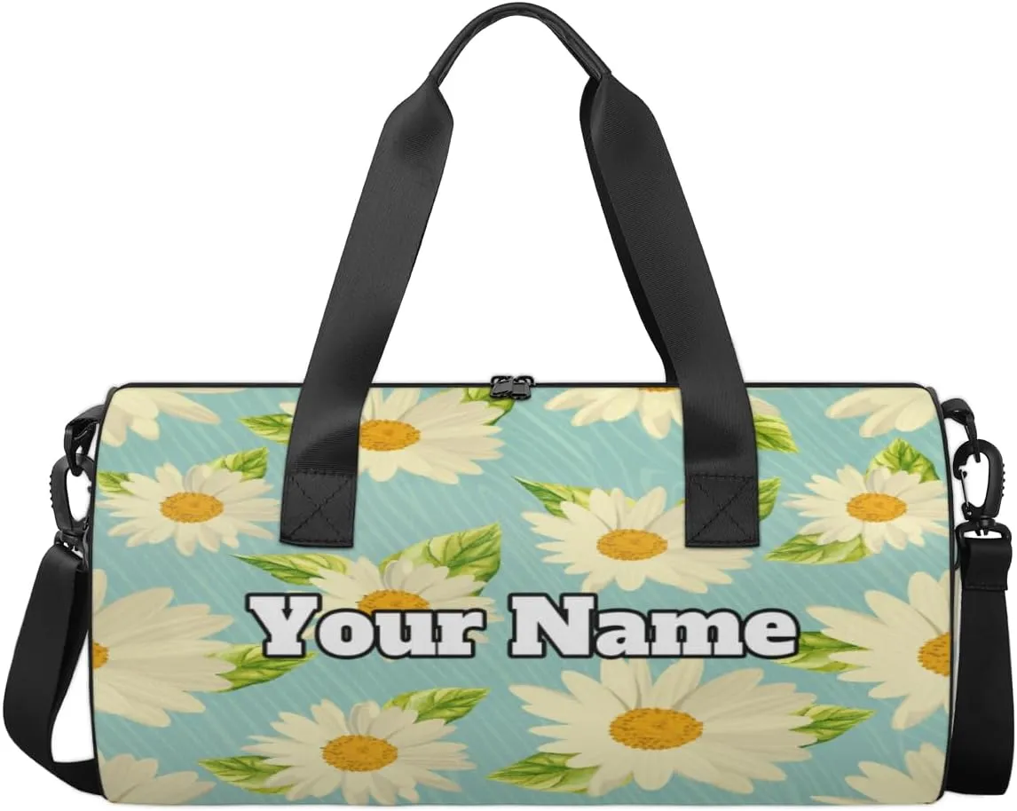 Custom Gym Bag for Women Men with Name, Personalized Summer Daisy Duffel Bag for Sports, Waterproof Dance Bag, Lightweight Carryon Gym Bag, Daisy Flower