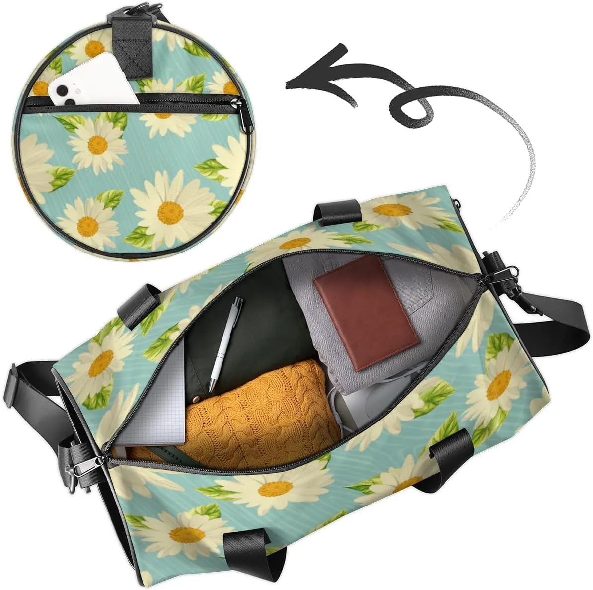 Custom Gym Bag for Women Men with Name, Personalized Summer Daisy Duffel Bag for Sports, Waterproof Dance Bag, Lightweight Carryon Gym Bag, Daisy Flower