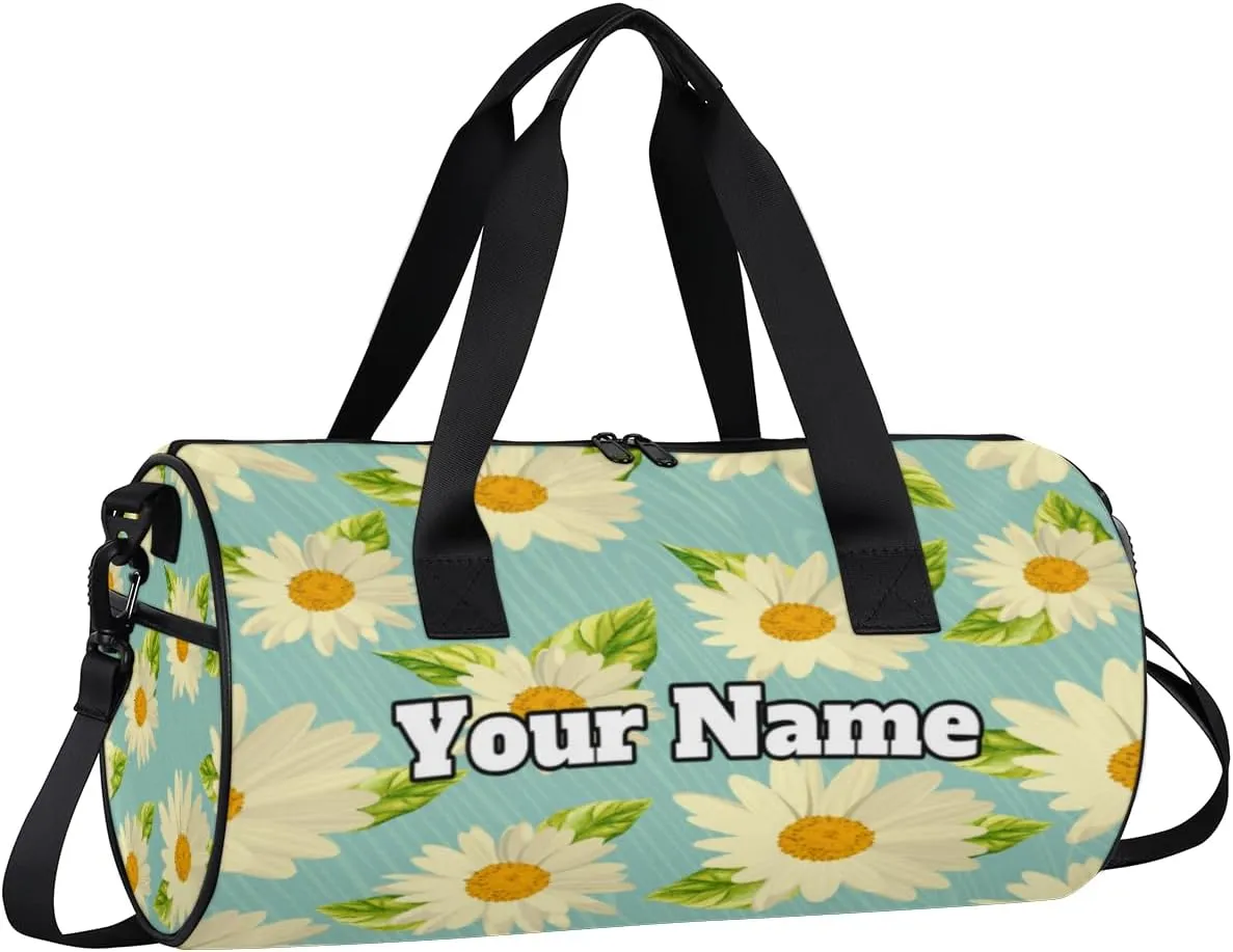 Custom Gym Bag for Women Men with Name, Personalized Summer Daisy Duffel Bag for Sports, Waterproof Dance Bag, Lightweight Carryon Gym Bag, Daisy Flower