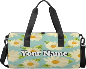 Custom Gym Bag for Women Men with Name, Personalized Summer Daisy Duffel Bag for Sports, Waterproof Dance Bag, Lightweight Carryon Gym Bag, Daisy Flower