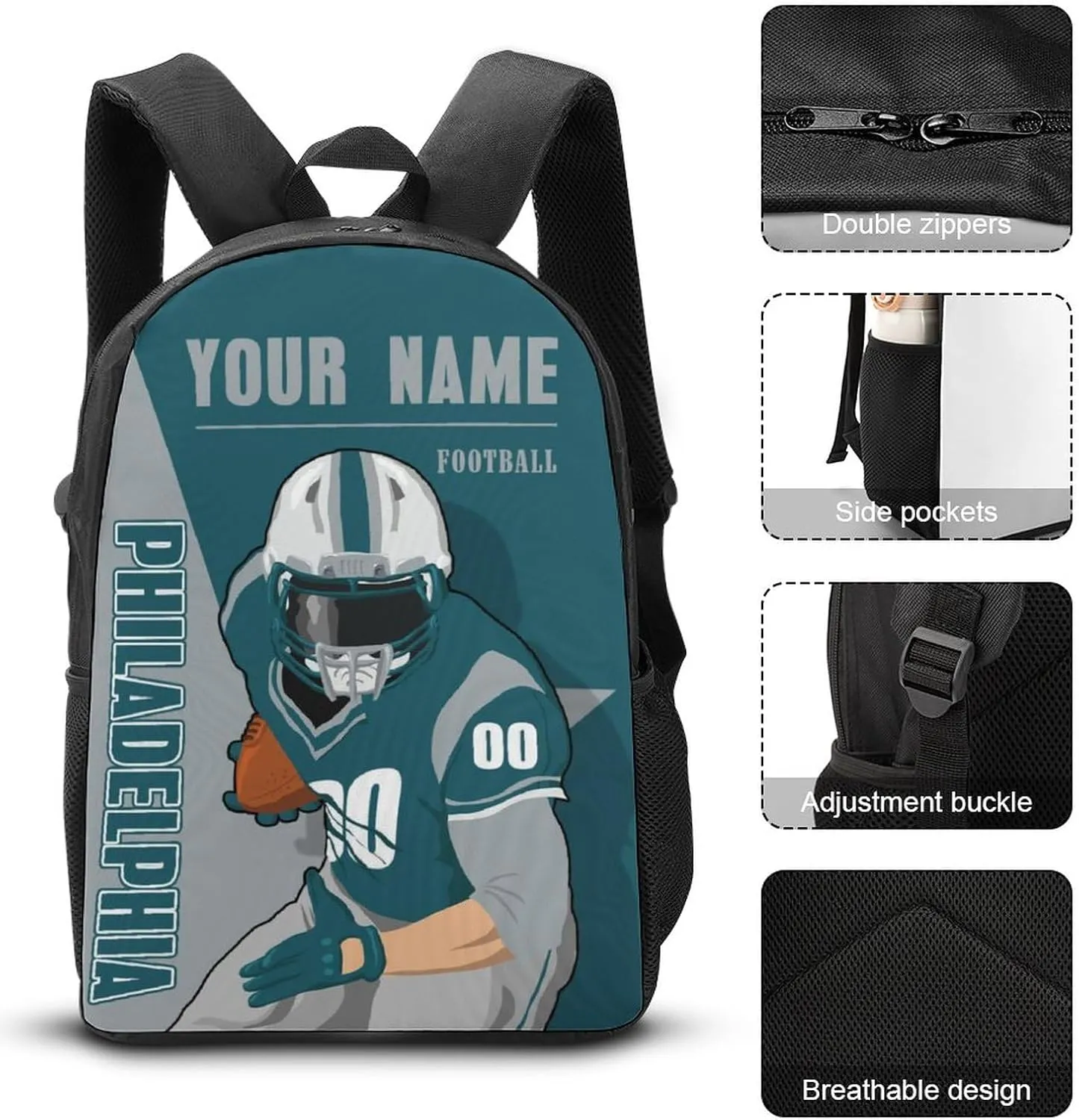 Custom Philadelphia Backpack 3-Piece Set for Men Women Includes Laptop Bag Personalized Name Number Lunch Box and Pencil Case Gifts for Boys Girls Fans