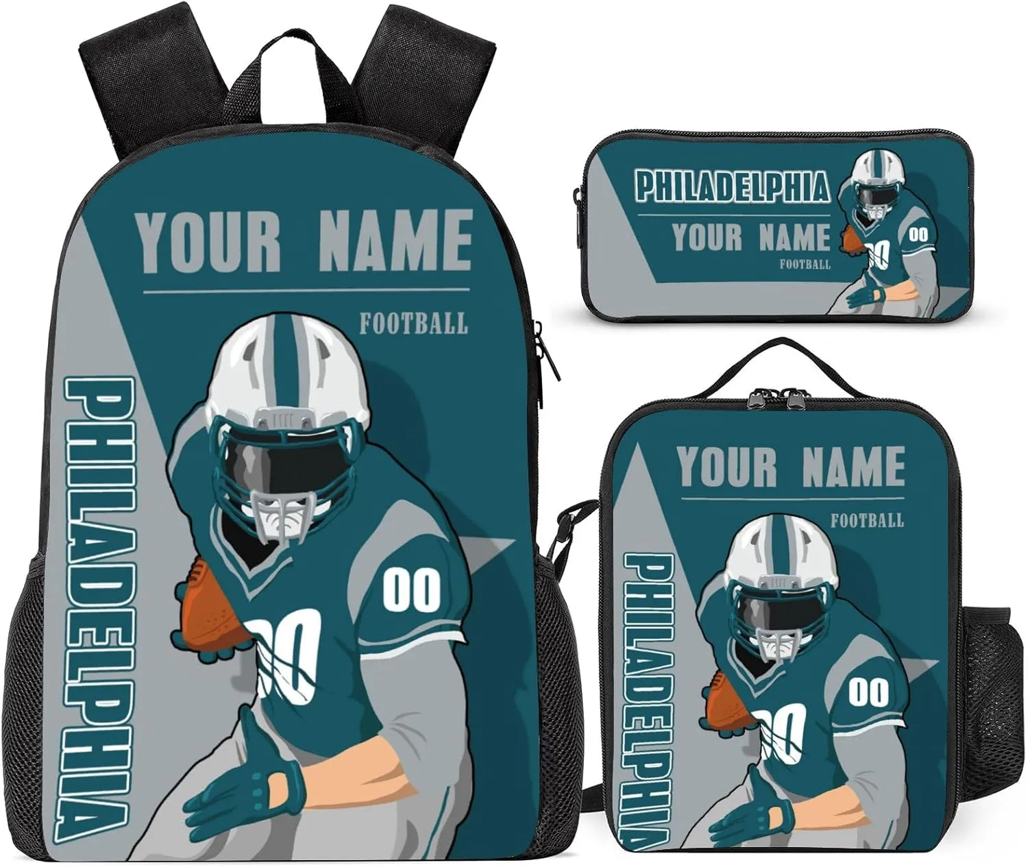 Custom Philadelphia Backpack 3-Piece Set for Men Women Includes Laptop Bag Personalized Name Number Lunch Box and Pencil Case Gifts for Boys Girls Fans