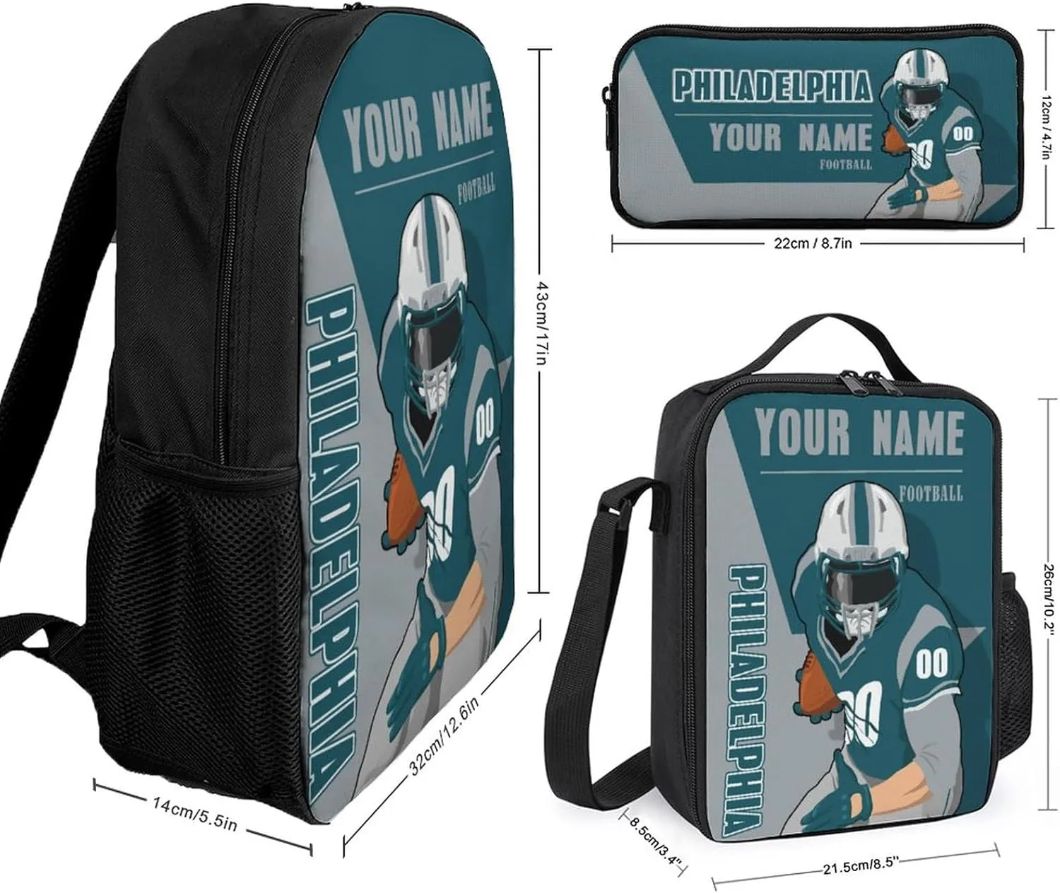 Custom Philadelphia Backpack 3-Piece Set for Men Women Includes Laptop Bag Personalized Name Number Lunch Box and Pencil Case Gifts for Boys Girls Fans