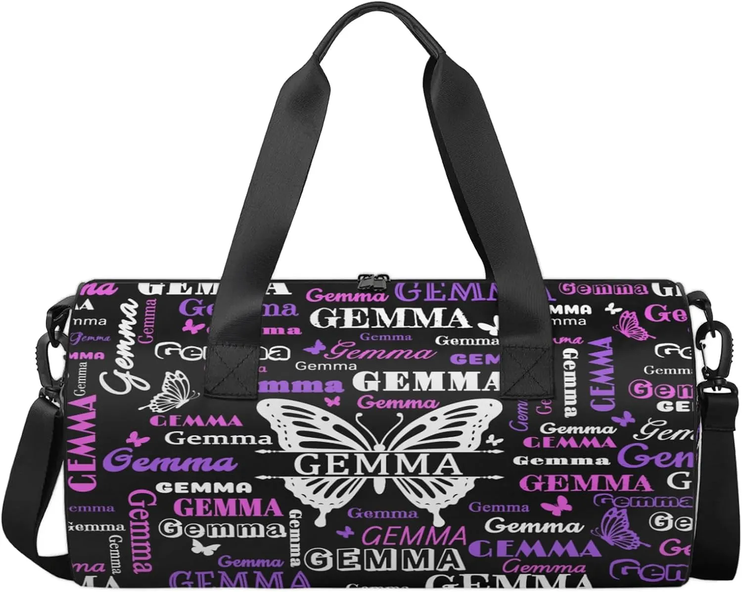 Custom Sport Duffel Bag with Name Butterfly Round Travel Overnight Bag for Women Men Waterproof Dance Ballet Bag Lightweight 17.6in, Black