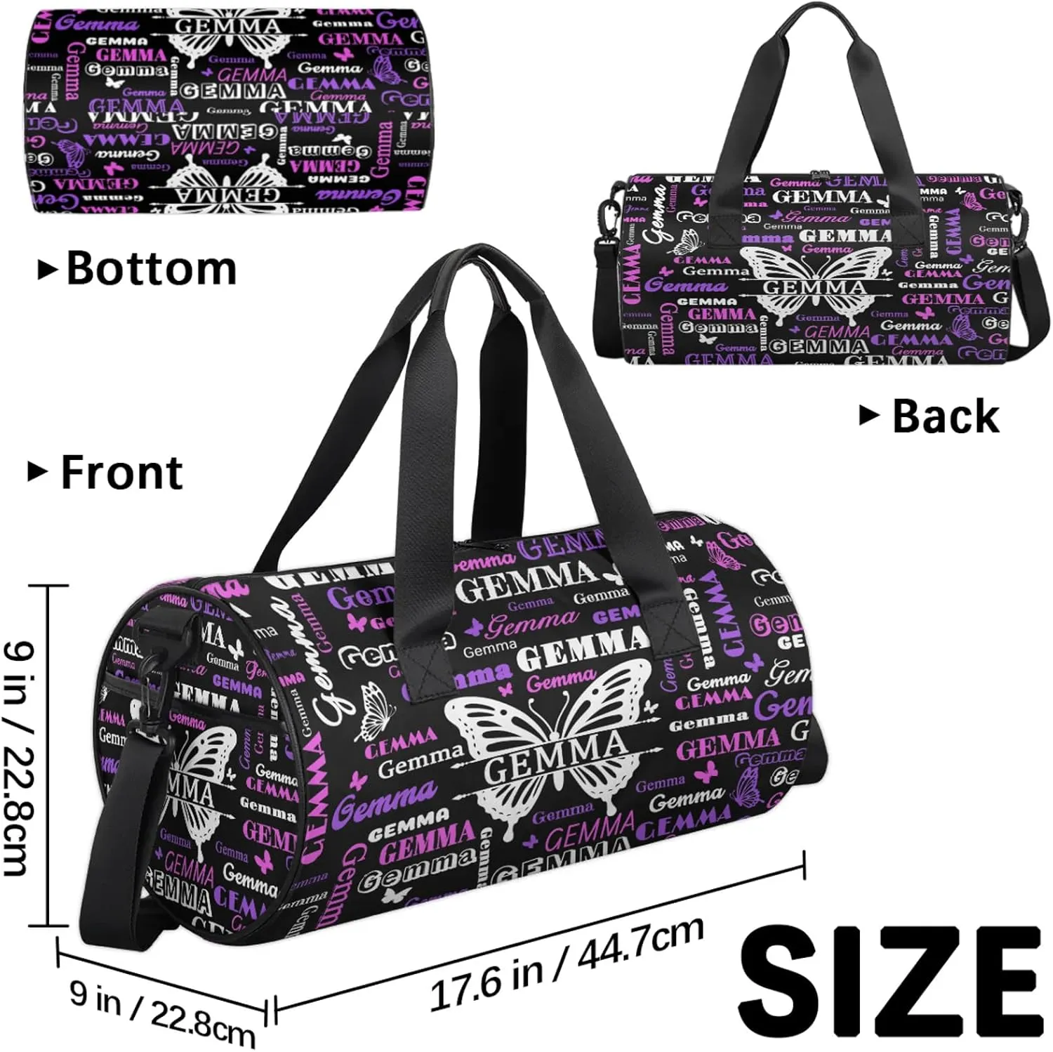 Custom Sport Duffel Bag with Name Butterfly Round Travel Overnight Bag for Women Men Waterproof Dance Ballet Bag Lightweight 17.6in, Black