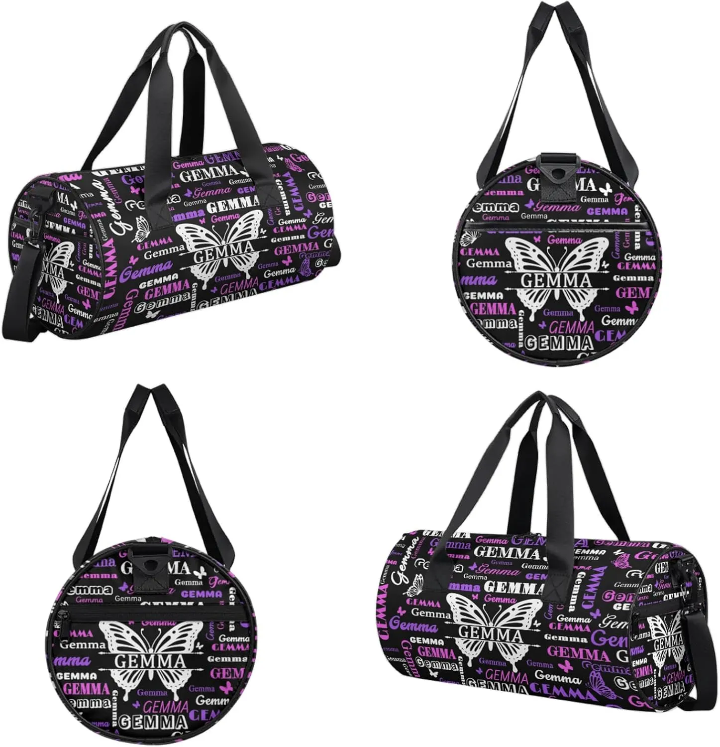 Custom Sport Duffel Bag with Name Butterfly Round Travel Overnight Bag for Women Men Waterproof Dance Ballet Bag Lightweight 17.6in, Black