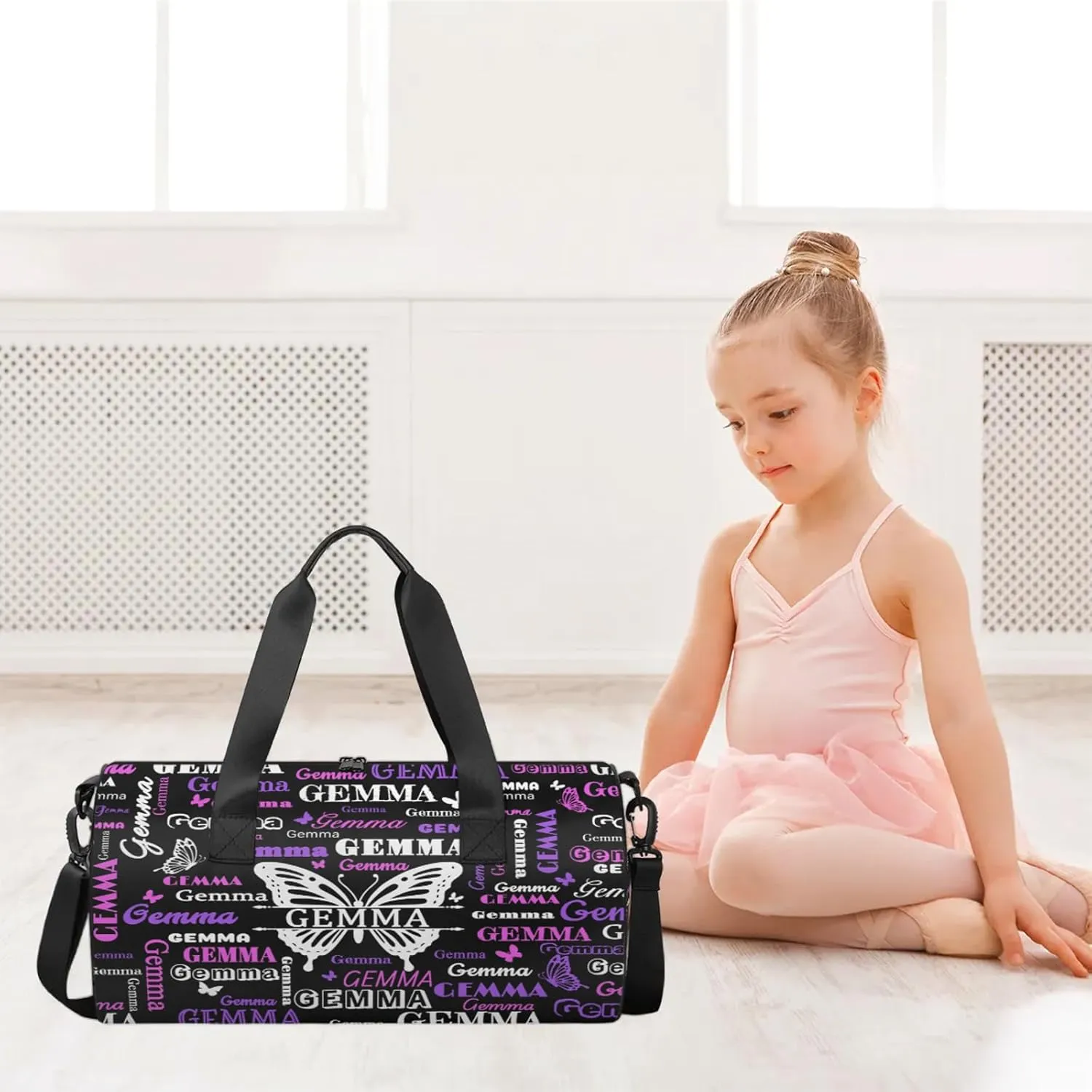 Custom Sport Duffel Bag with Name Butterfly Round Travel Overnight Bag for Women Men Waterproof Dance Ballet Bag Lightweight 17.6in, Black