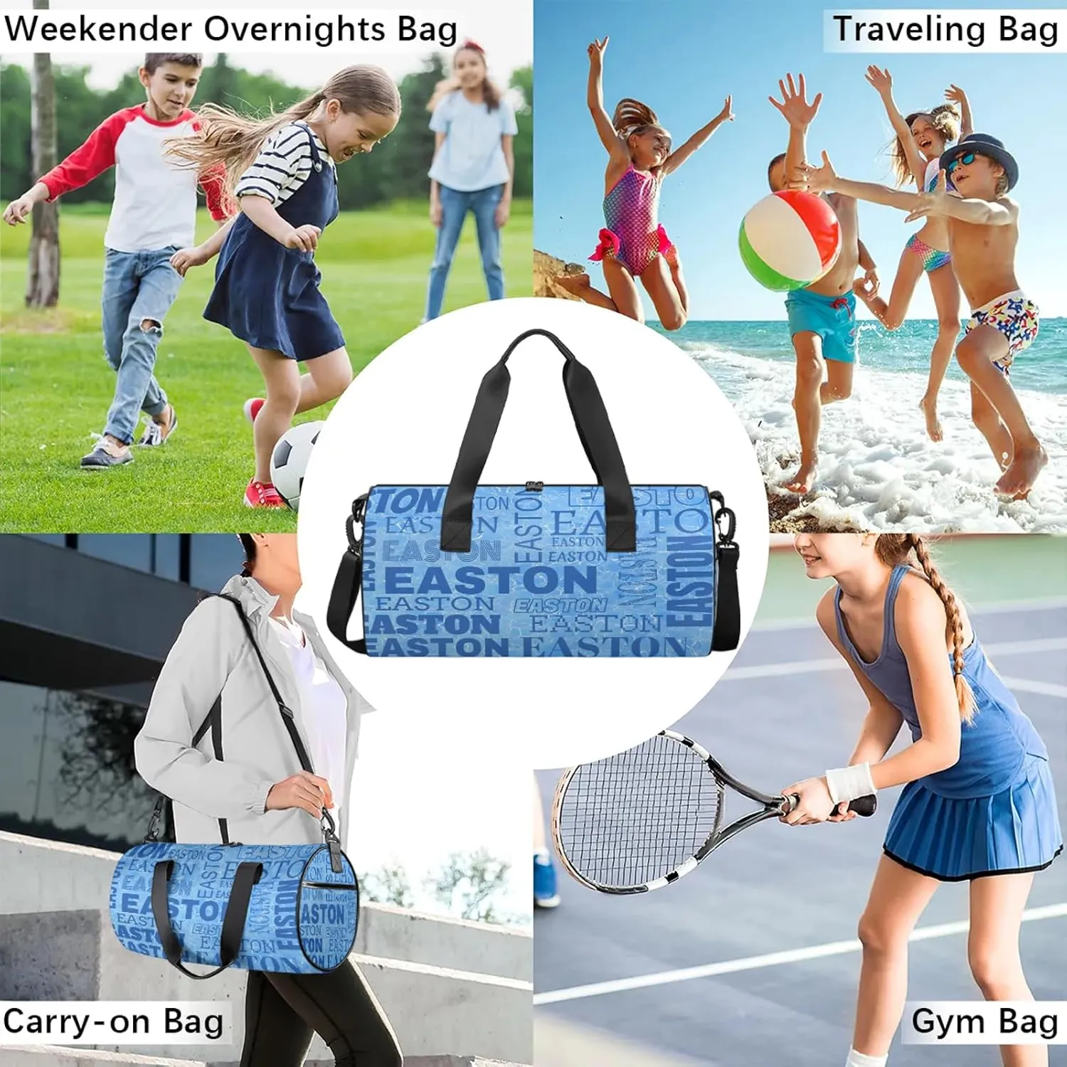 Custom Sport Gym Duffel Bag with Name Round Personalized Travel Overnight Bag Waterproof Customized Dance Bag Carry-On Tote 17.6in, Blue Cracked