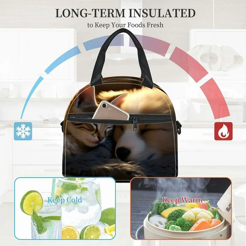 Cute cat and dog sleeping the sofa the morning Insulated Adult Lunch Bag with Shoulder Strap for Women Lightweight Reusable Portable Freezable Lunch Tote Bag for Work Picnic