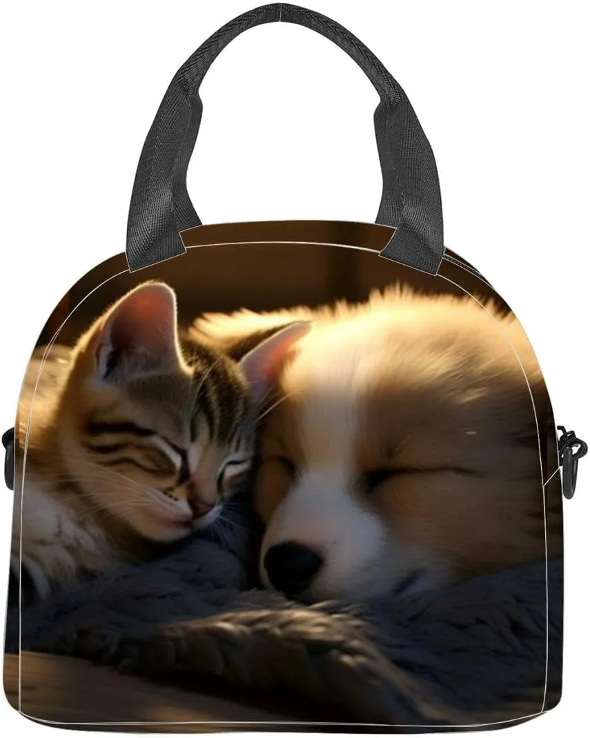 Cute cat and dog sleeping the sofa the morning Insulated Adult Lunch Bag with Shoulder Strap for Women Lightweight Reusable Portable Freezable Lunch Tote Bag for Work Picnic