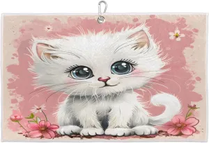Cute Cat Flower Watercolor Golf Towel with Heavy Duty Carabiner Clip Quick Dry Ultra Absorbent Club Ball Cleaning Towel Golf Accessories for Men Women