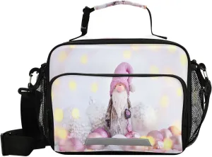 Cute Pink Gnome Lunch Bag for Women Men Christmas Composition Insulated Cooler Tote Bag with Adjustable Shoulder Strap Large Capacity Reusable Leakproof Picnic Lunch Box Outdoor for Adult Office