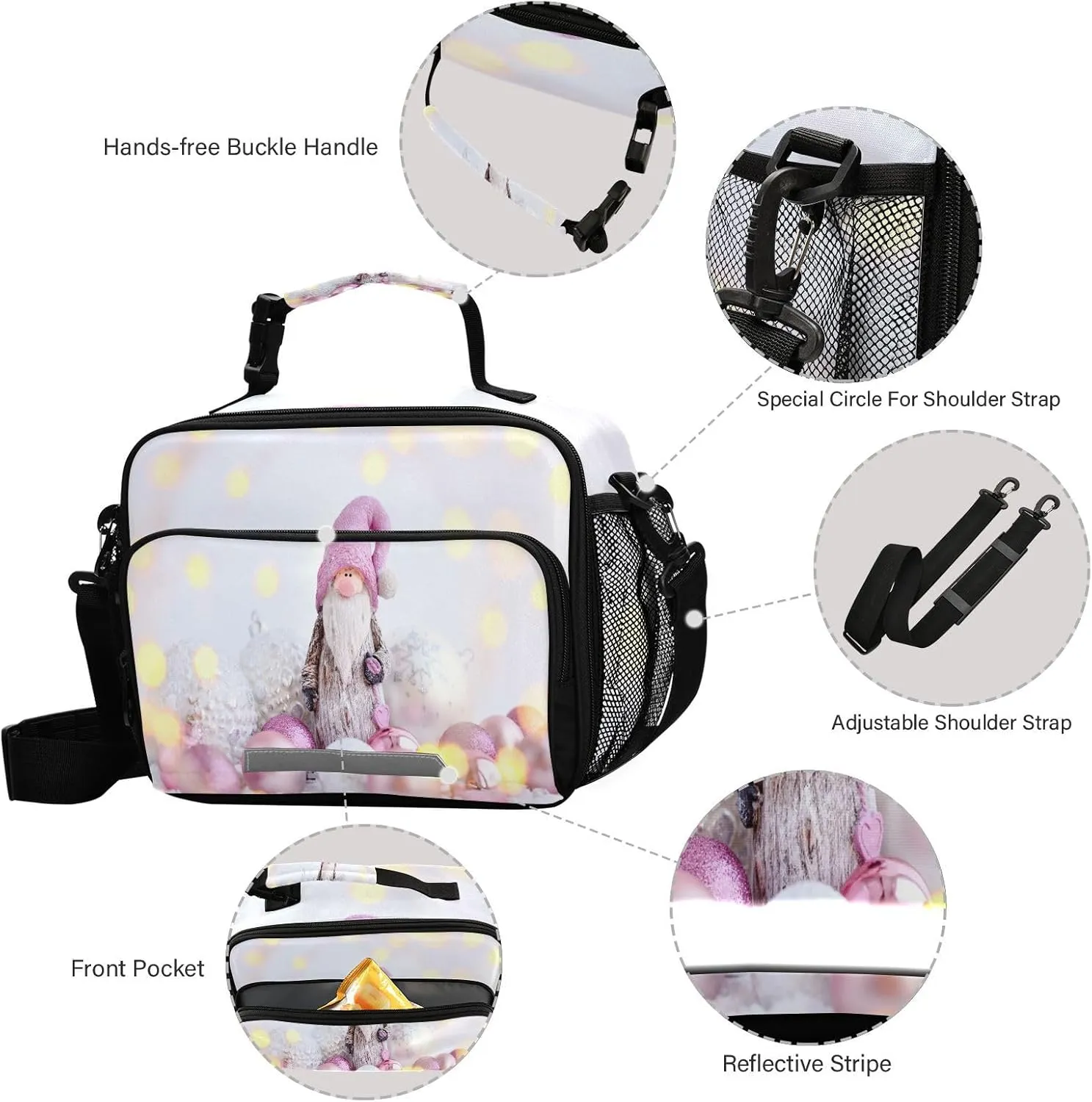 Cute Pink Gnome Lunch Bag for Women Men Christmas Composition Insulated Cooler Tote Bag with Adjustable Shoulder Strap Large Capacity Reusable Leakproof Picnic Lunch Box Outdoor for Adult Office