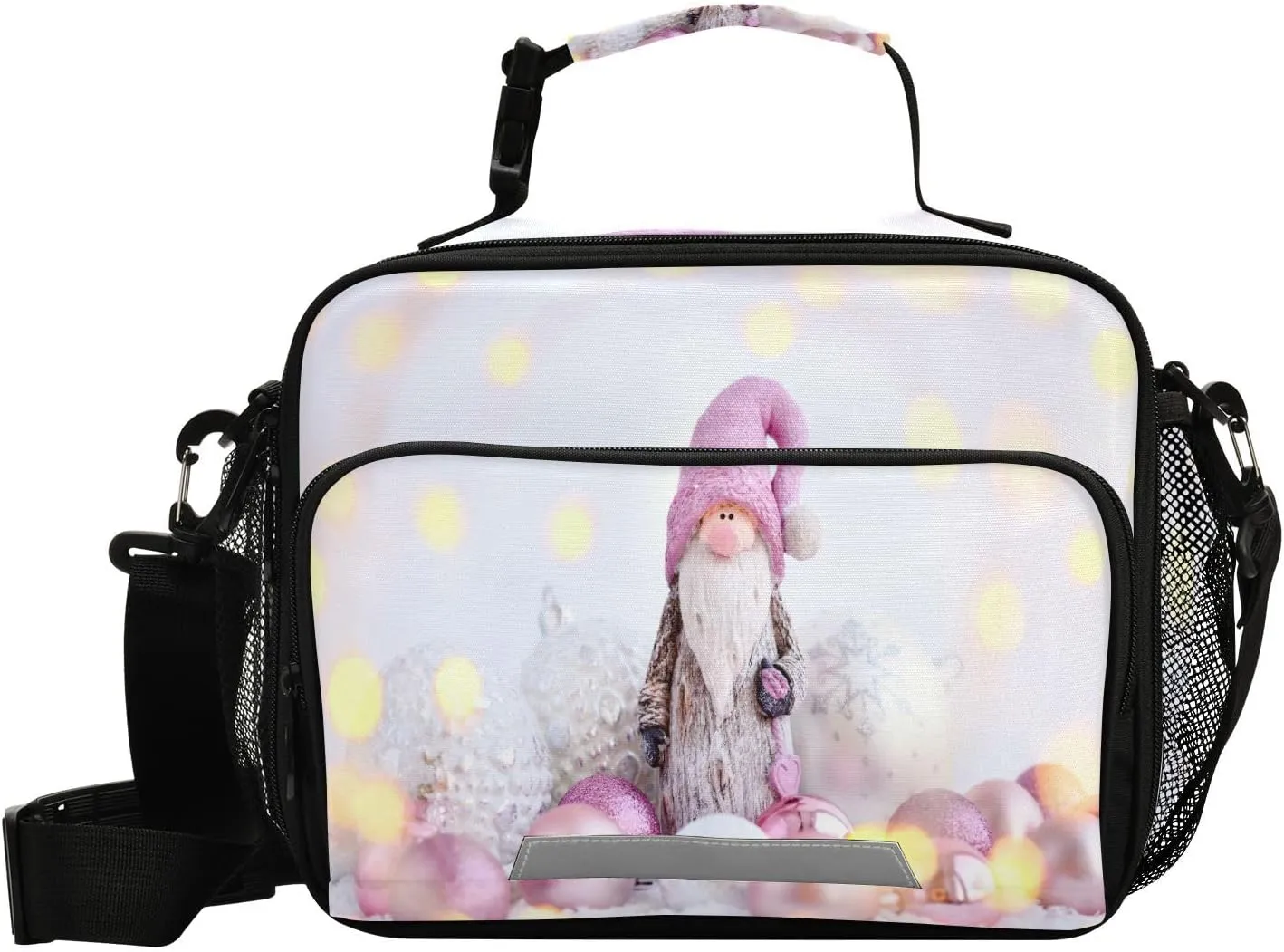 Cute Pink Gnome Lunch Bag for Women Men Christmas Composition Insulated Cooler Tote Bag with Adjustable Shoulder Strap Large Capacity Reusable Leakproof Picnic Lunch Box Outdoor for Adult Office