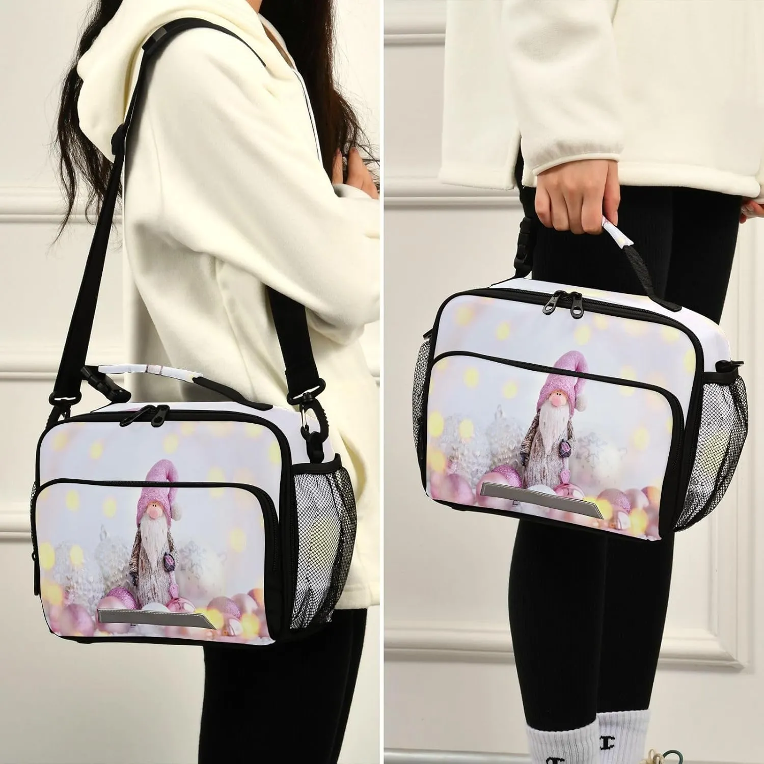 Cute Pink Gnome Lunch Bag for Women Men Christmas Composition Insulated Cooler Tote Bag with Adjustable Shoulder Strap Large Capacity Reusable Leakproof Picnic Lunch Box Outdoor for Adult Office