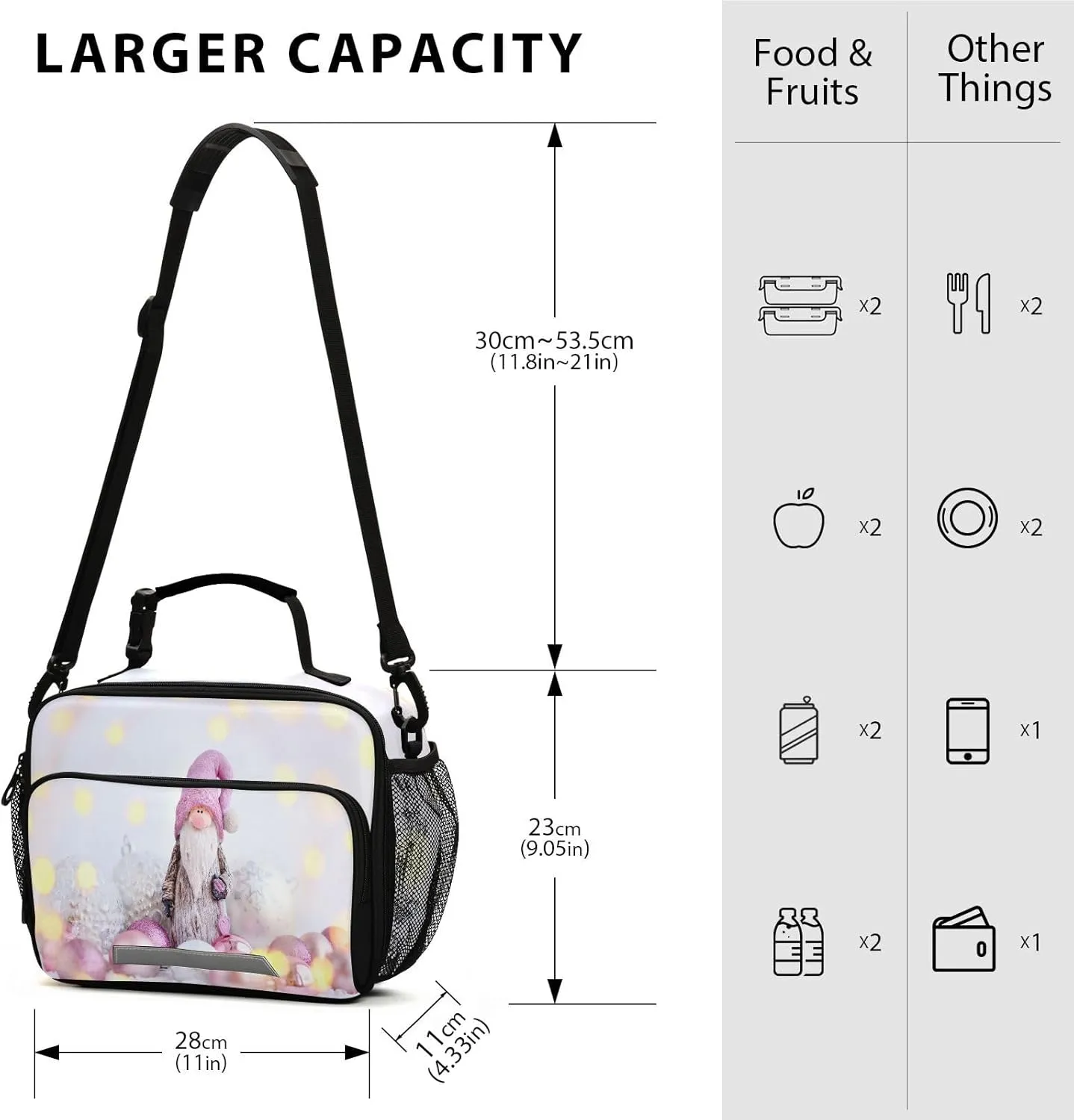 Cute Pink Gnome Lunch Bag for Women Men Christmas Composition Insulated Cooler Tote Bag with Adjustable Shoulder Strap Large Capacity Reusable Leakproof Picnic Lunch Box Outdoor for Adult Office