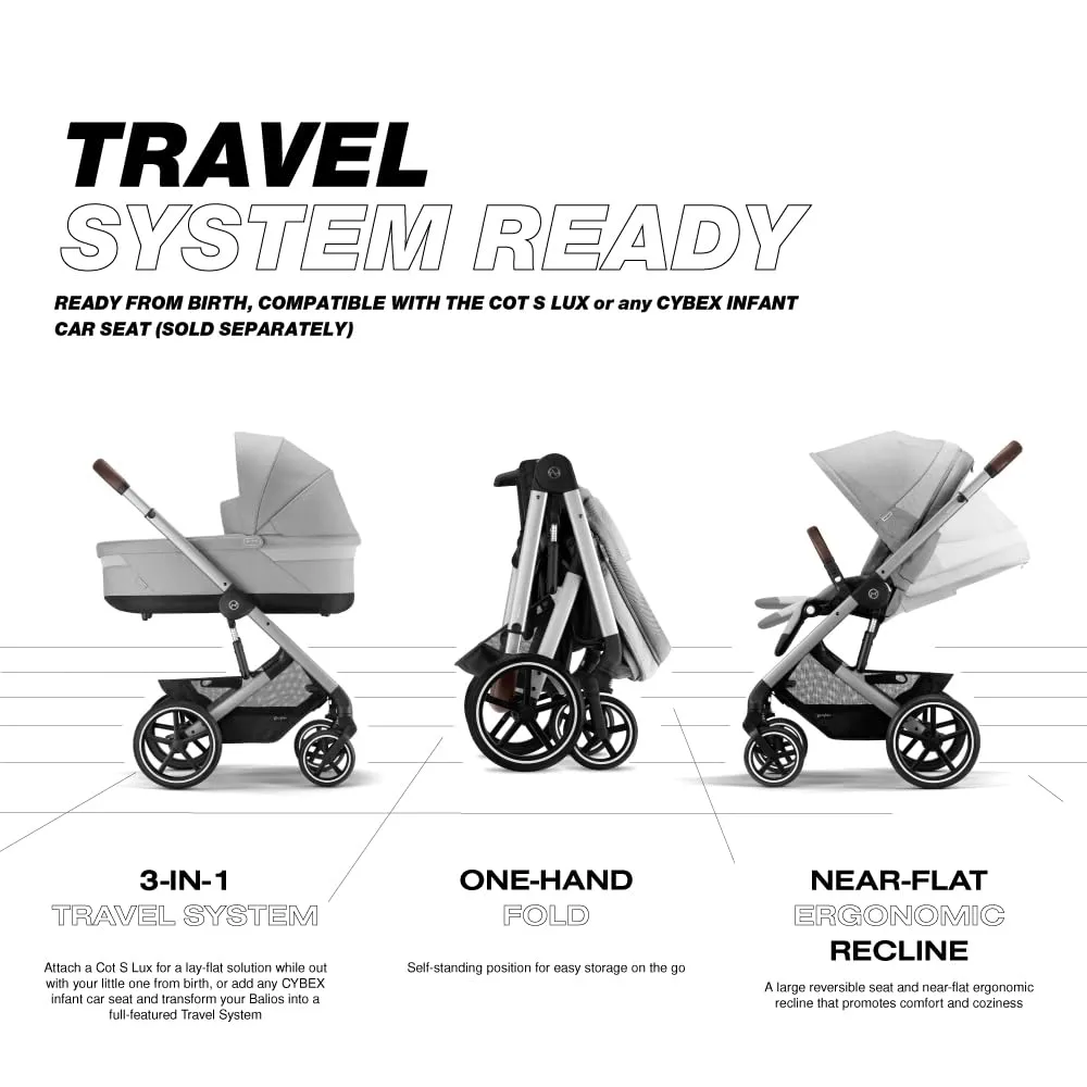Cybex Balios S Lux Stroller FrontFacing or ParentFacing Seat Positions OneHand Fold Multiposition Recline Adjustable Leatherette Handlebar Infant, Lava Grey