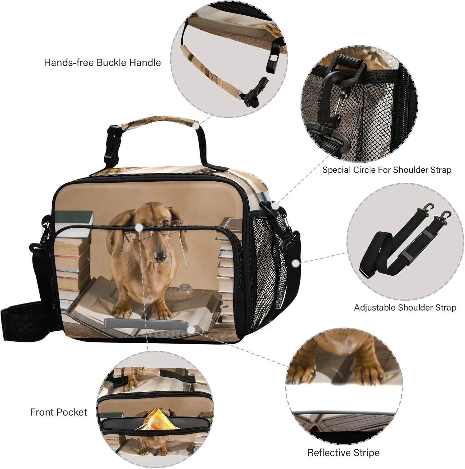 Dachshund Professor Lunch Bag for Women Men Funny Animal Insulated Cooler Tote Bag with Adjustable Shoulder Strap Large Capacity Reusable Leakproof Picnic Lunch Box Outdoor for Adult Office